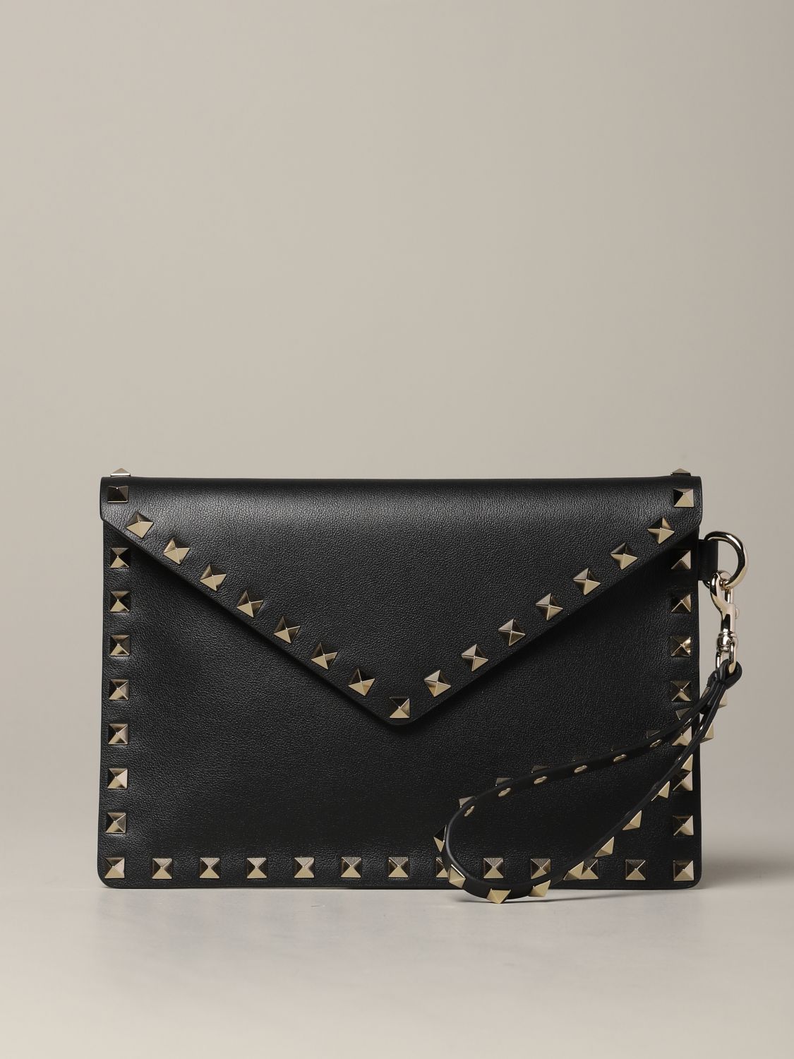 Valentino Garavani Outlet: leather clutch bag with studs - Black ...