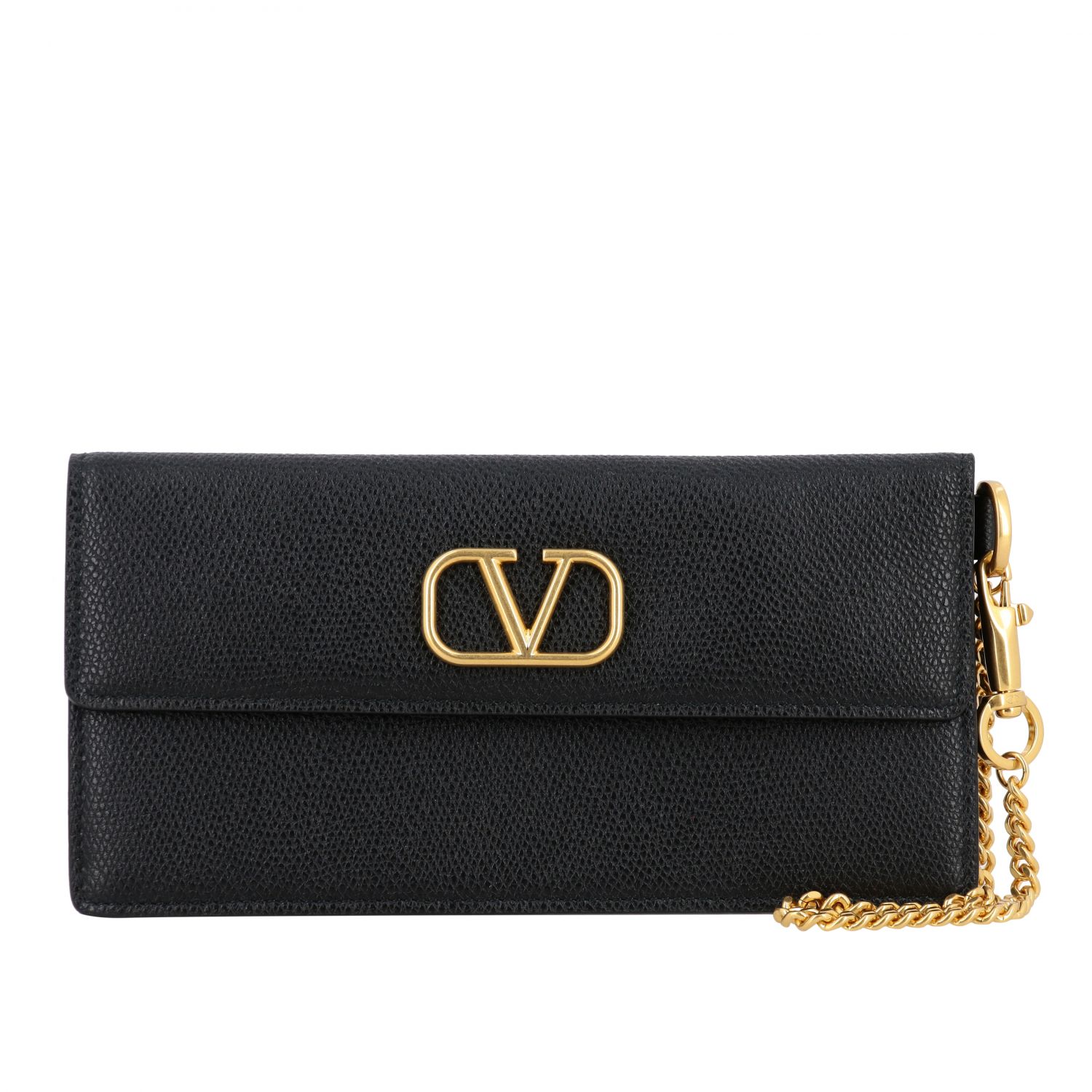 Valentino Garavani Outlet: VLogo wallet in grained leather with chain
