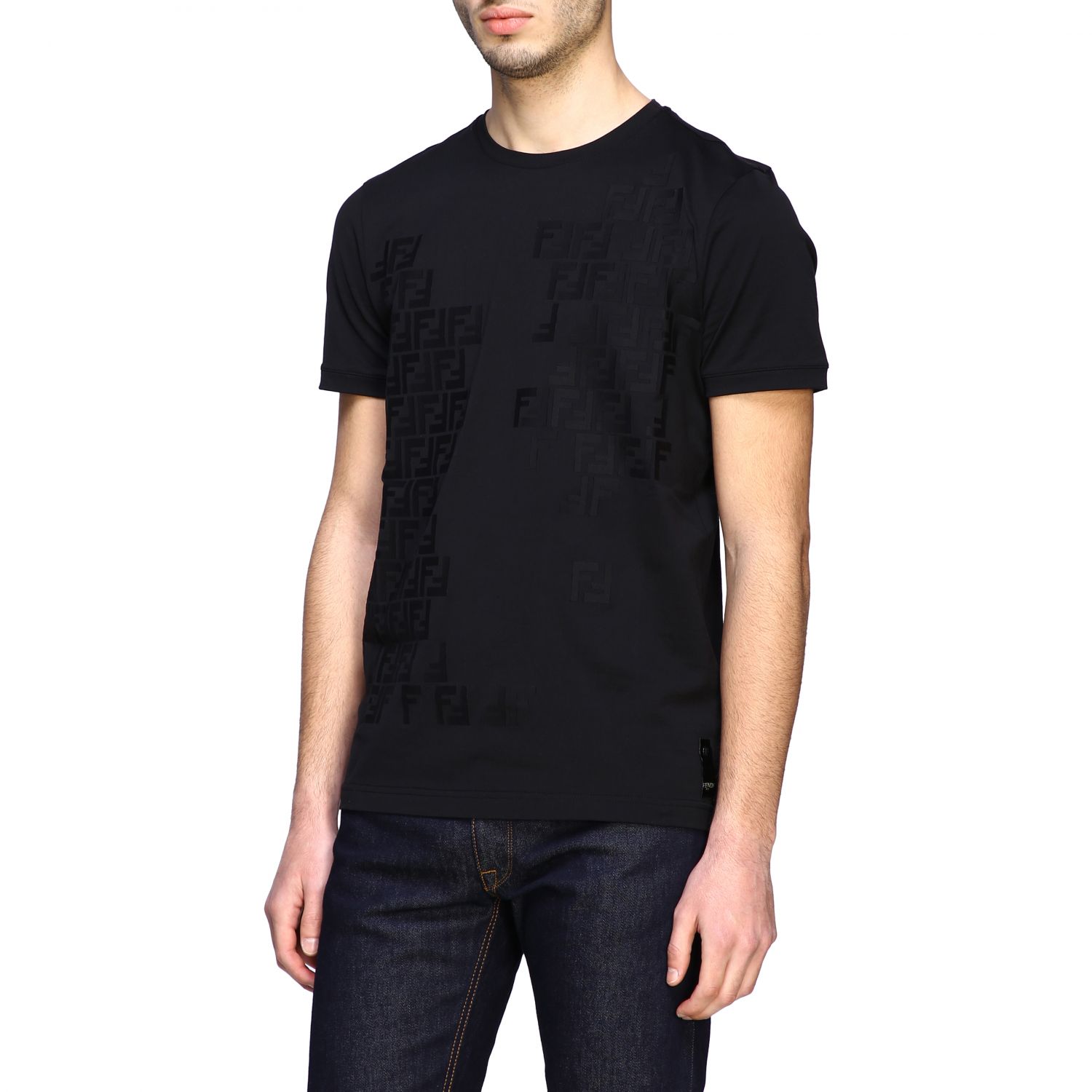 FENDI: crew-neck t-shirt with FF monogram - Black | Fendi t-shirt ...