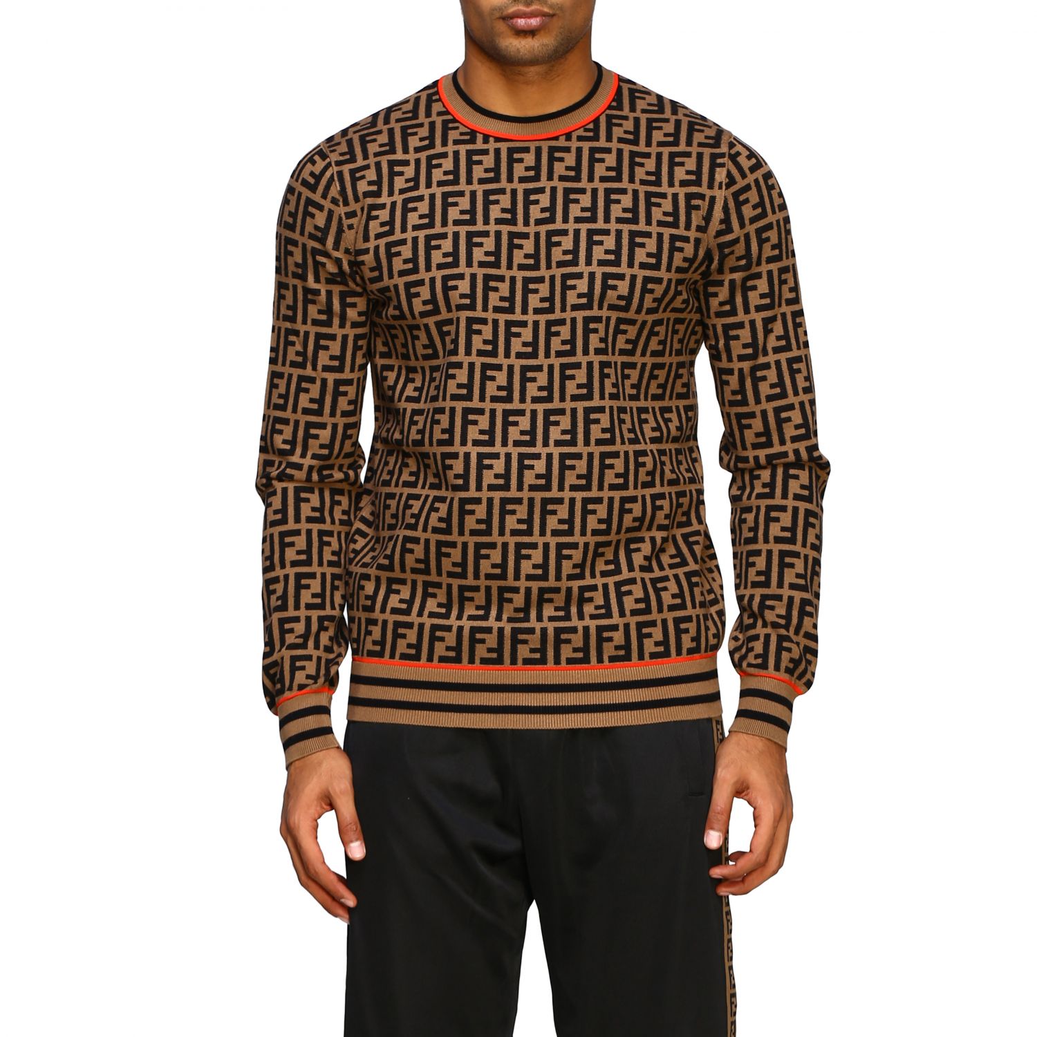 FENDI: crew neckline sweater with FF monogram - Tobacco | Fendi sweater ...