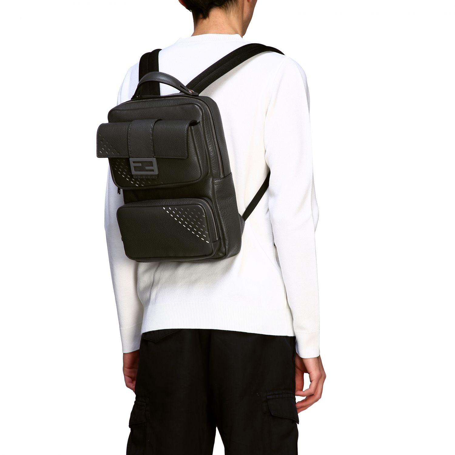 FENDI backpack in textured leather with FF monogram Grey Backpack