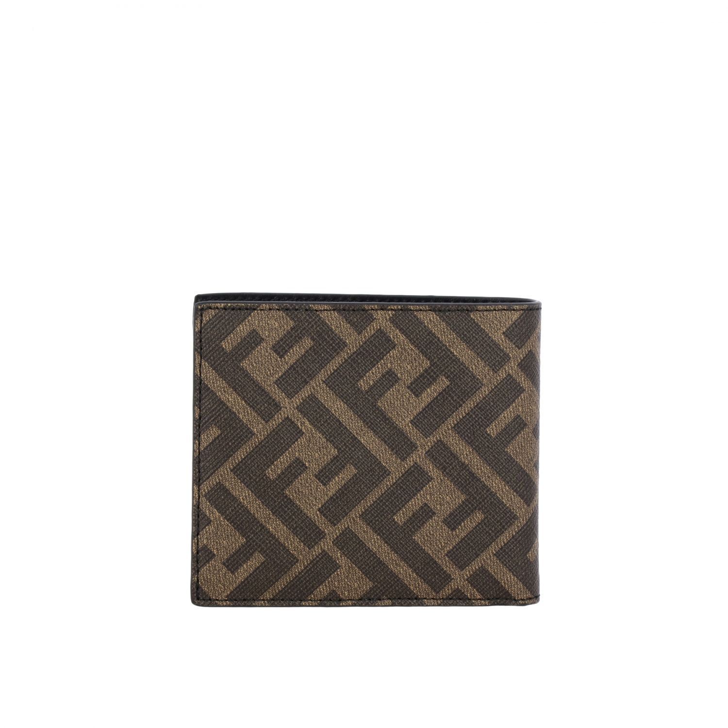 FENDI: leather wallet with all over FF print and band - Brown