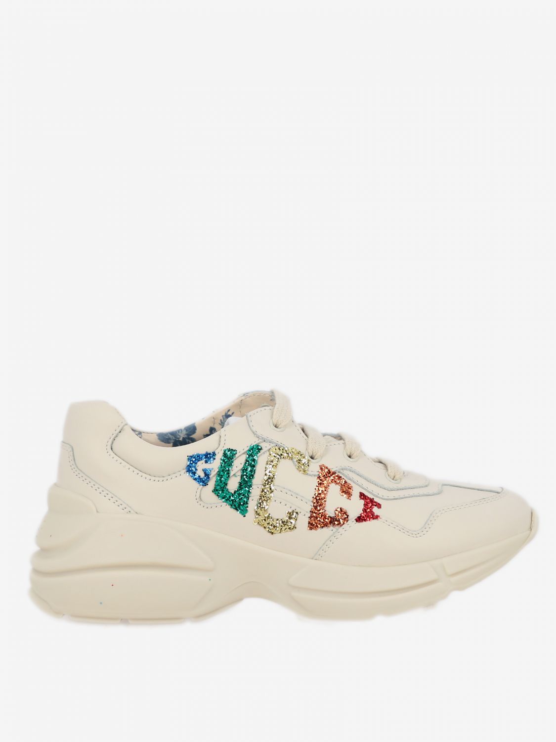GUCCI: Rhyton leather sneakers with glitter logo | Shoes Gucci Kids ...