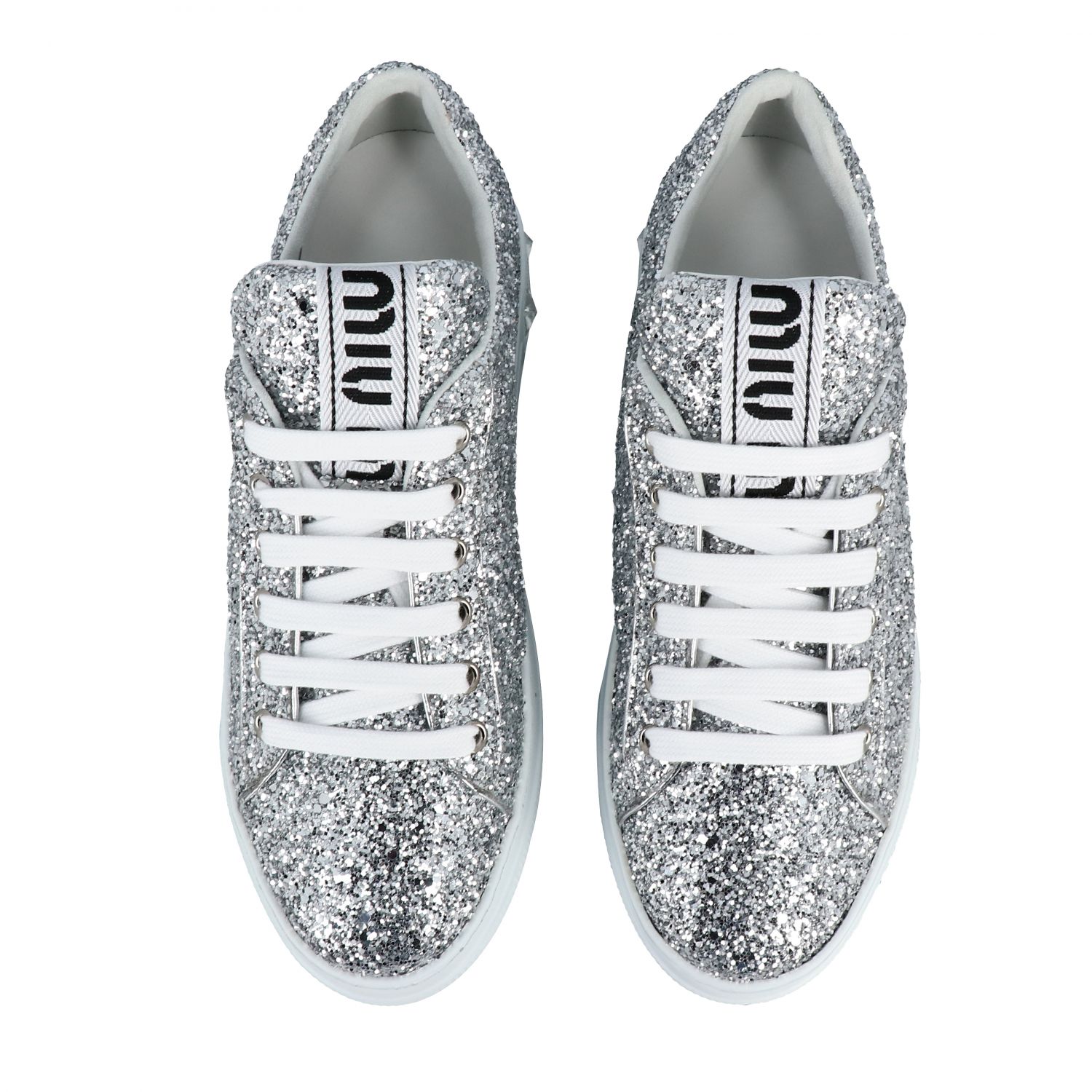 MIU MIU: glitter sneakers with rhinestones and maxi logo - Silver