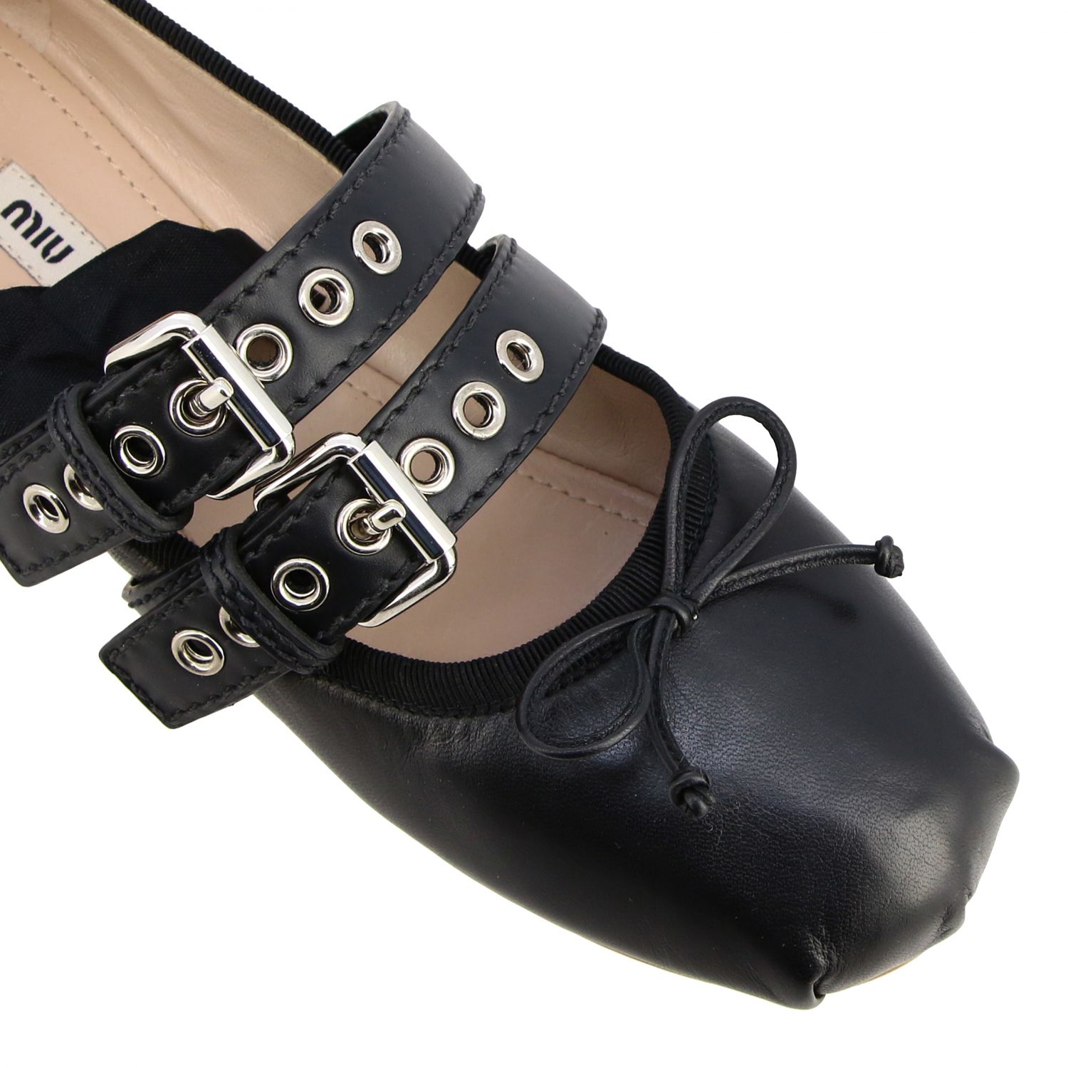 芭蕾平底鞋 Miu Miu: Miu Miu 绑带和扣装饰芭蕾舞鞋 黑色 4