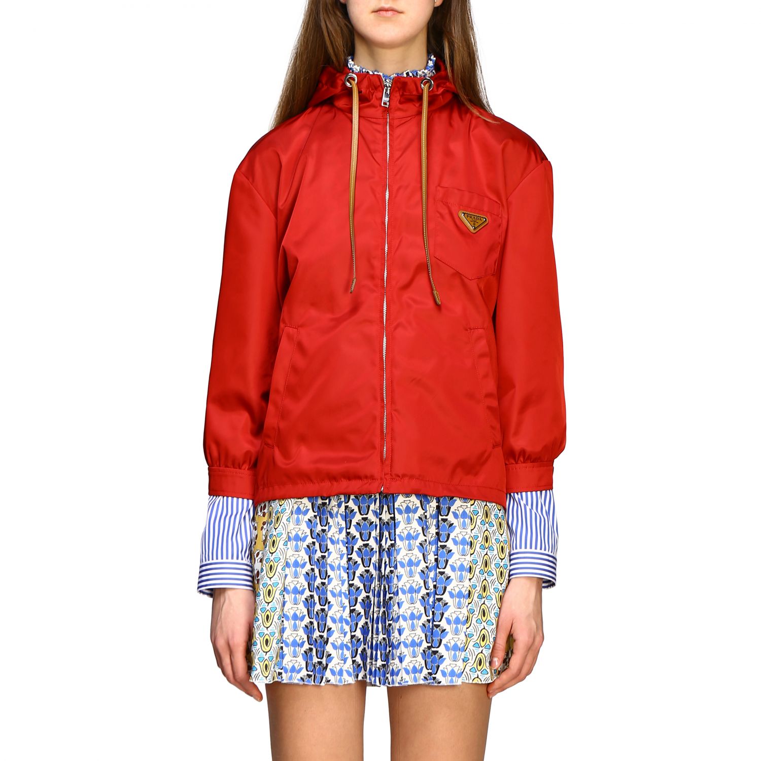 Veste Prada: Veste Prada en gabardine de nylon avec capuche et logo rouge 1