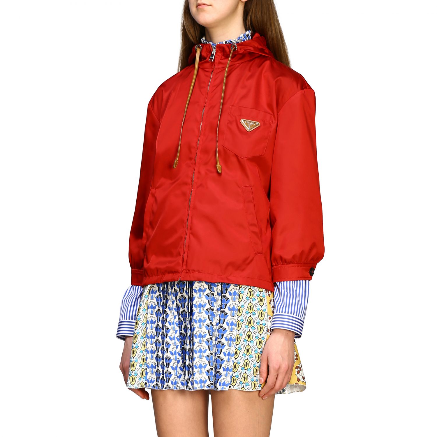 Veste Prada: Veste Prada en gabardine de nylon avec capuche et logo rouge 4