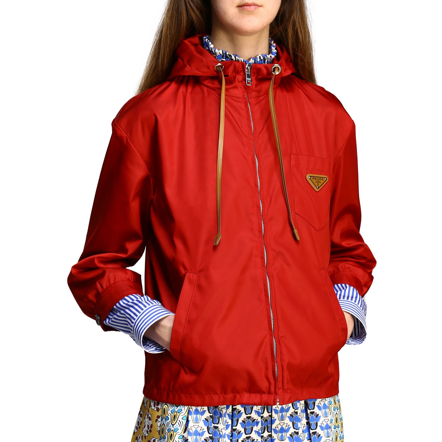 Veste Prada: Veste Prada en gabardine de nylon avec capuche et logo rouge 5