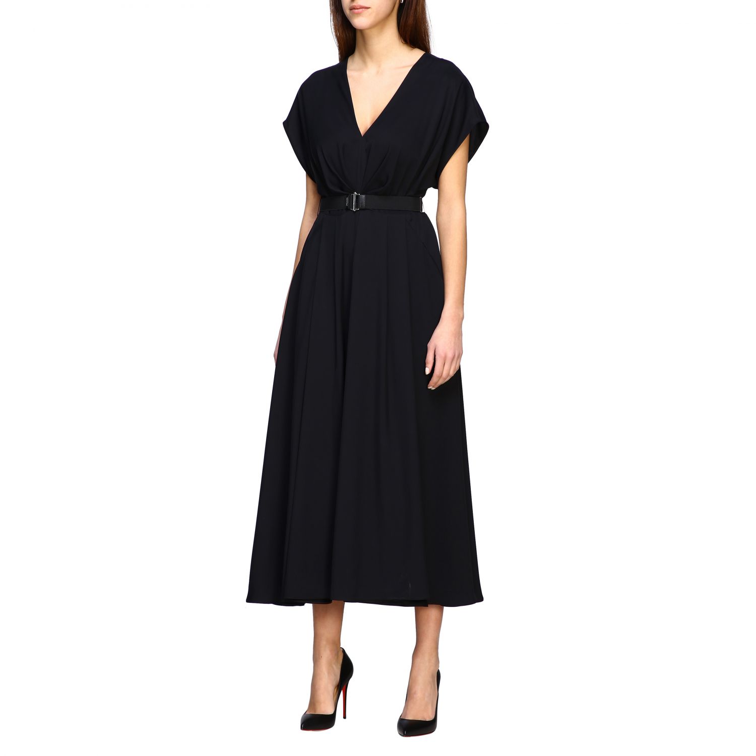 PRADA: Long dress in fluid twill with belt | Dress Prada Women Black ...