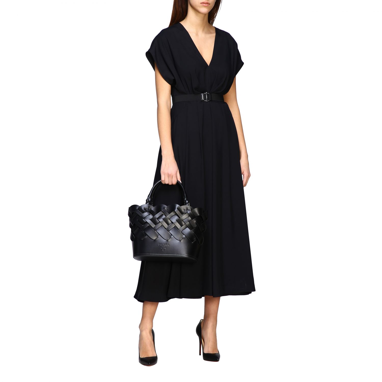 PRADA: Long dress in fluid twill with belt | Dress Prada Women Black ...