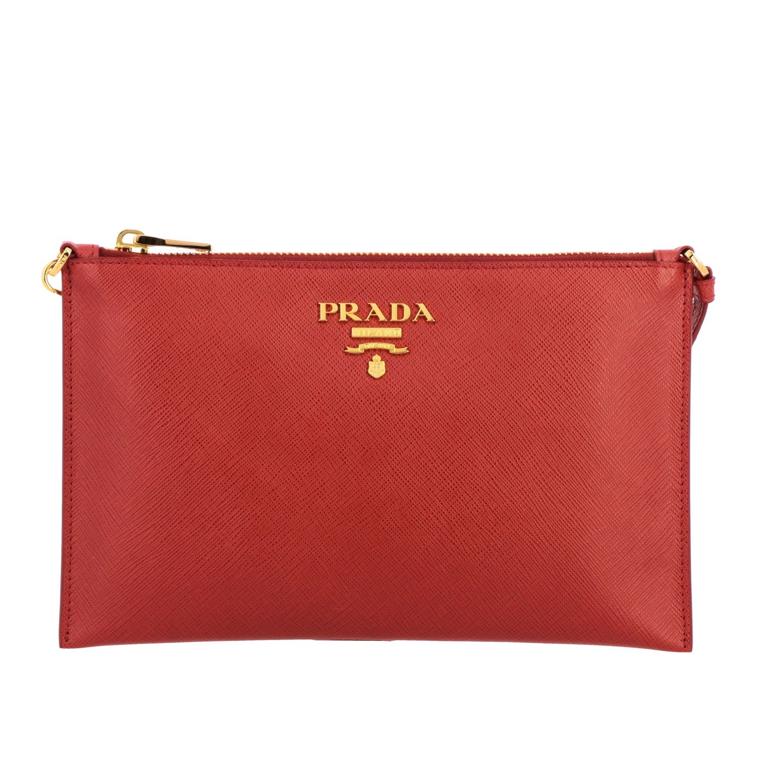 PRADA: clutch bag in Saffiano leather with metallic logo - Red | Clutch ...