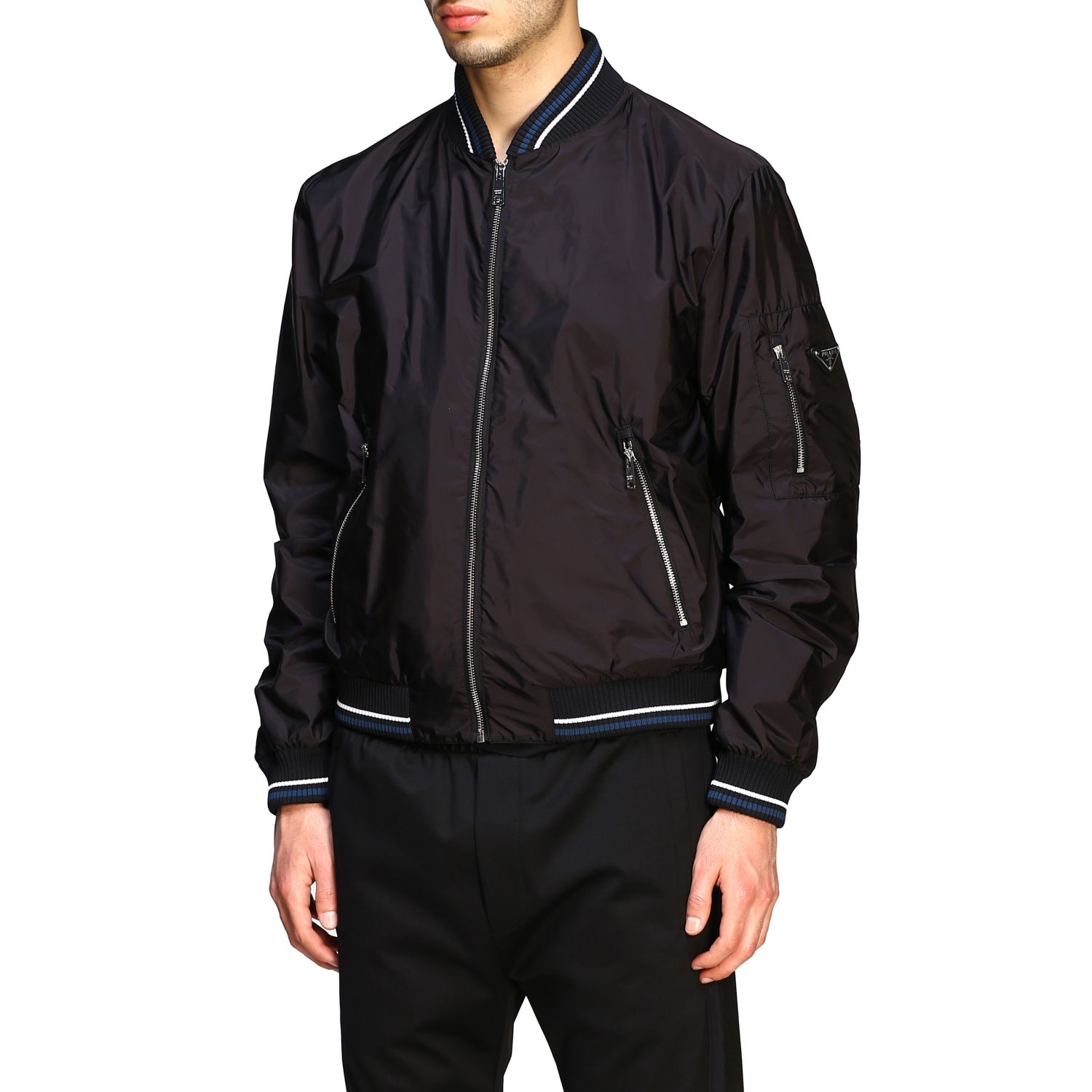PRADA: bomber jacket in feather nylon with striped edges - Black 