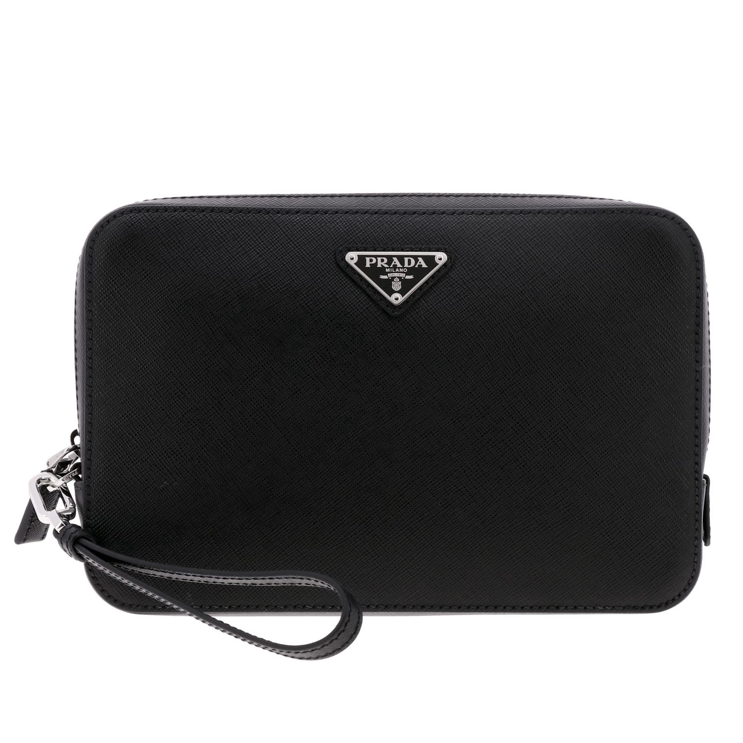 PRADA: saffiano leather clutch with triangular logo - Black | Prada bags  2VF017 OOO 9Z2 online on 