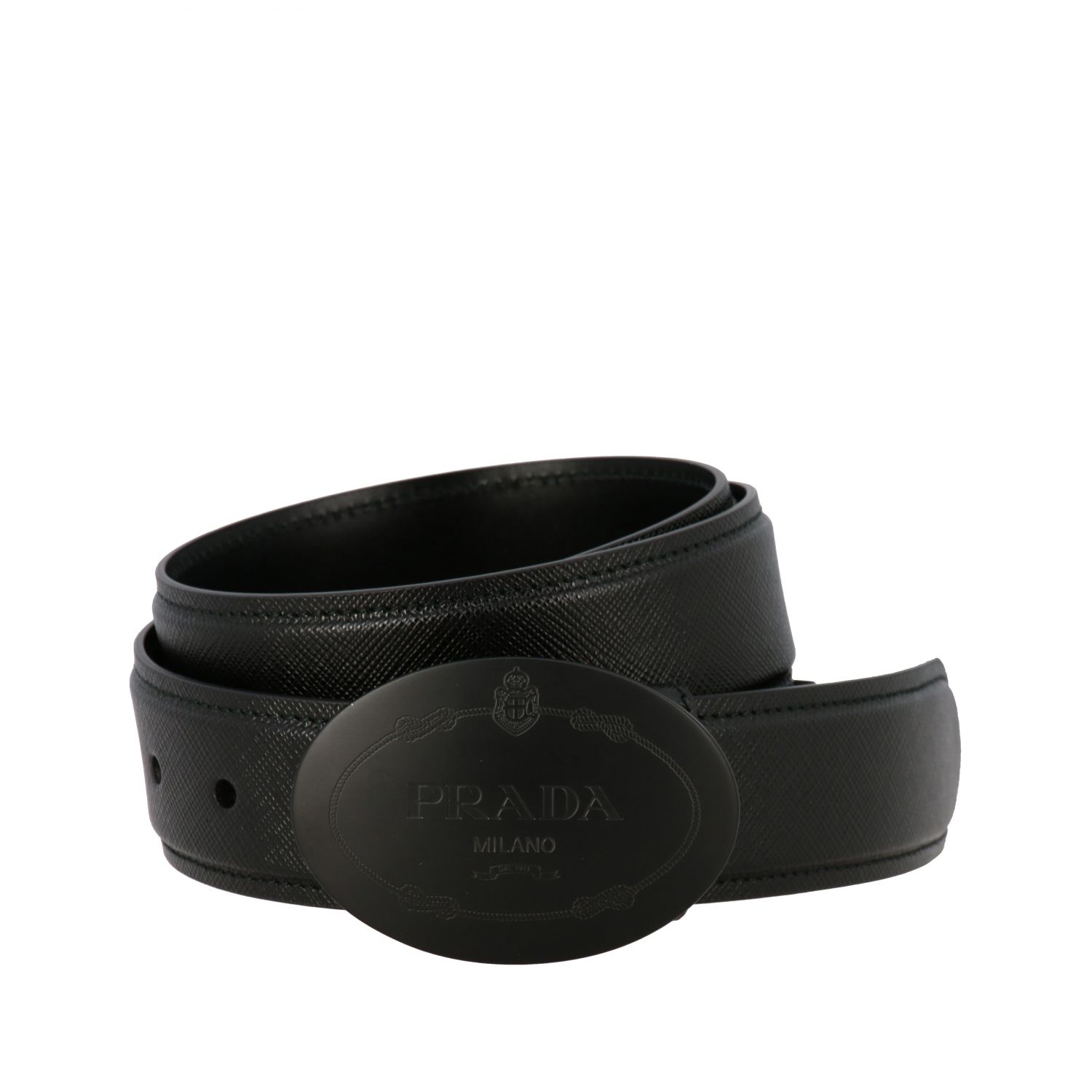 PRADA: saffiano leather belt with oval plaque - Black | Prada belt ...