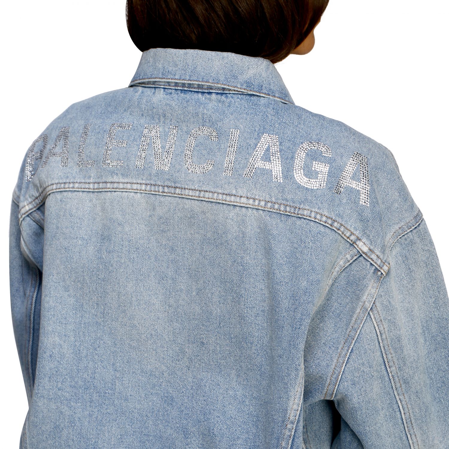 BALENCIAGA: denim jacket in denim with rhinestone logo | Jacket Balenciaga Women Stone Washed 