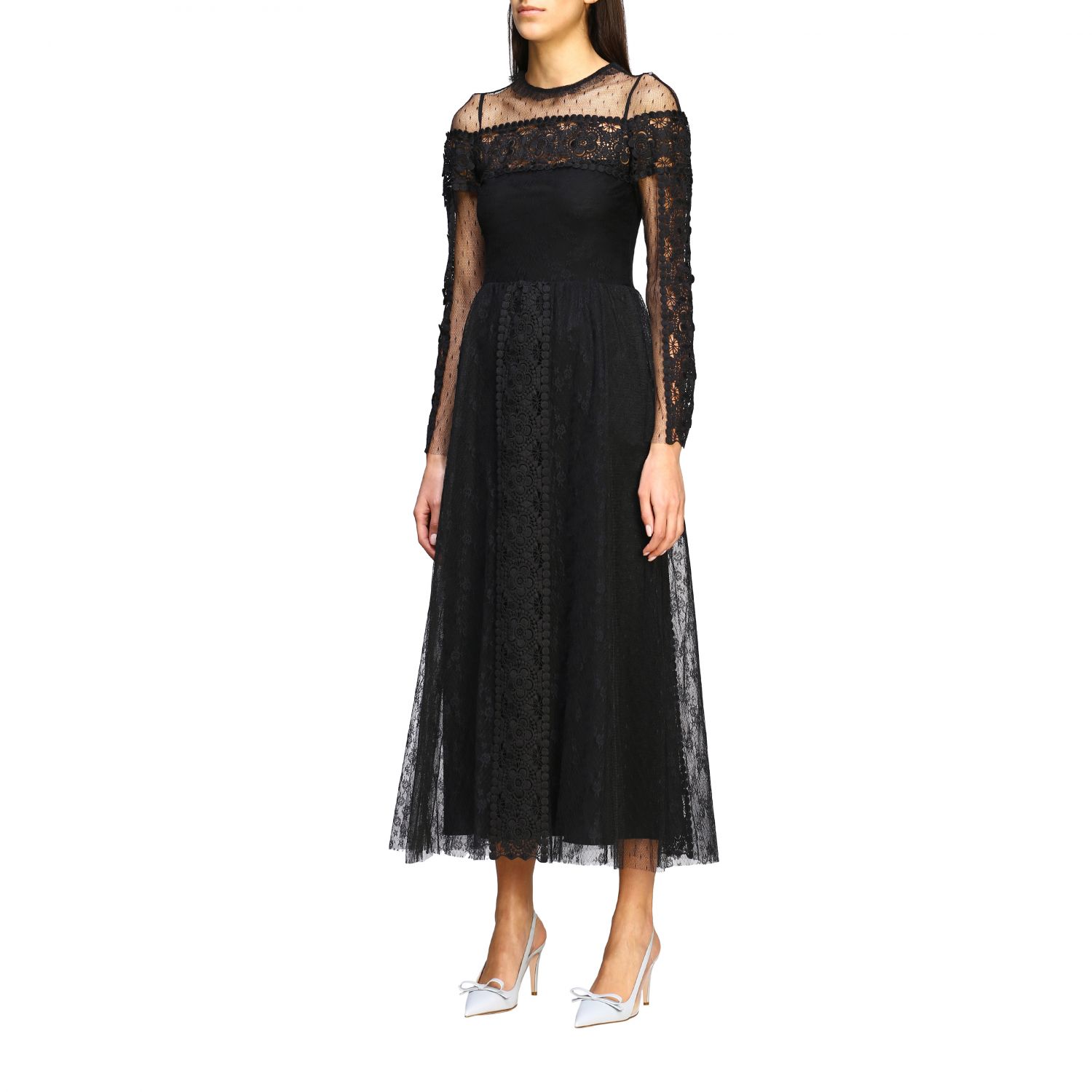 Red Valentino Outlet: long dress in point d'esprit tulle and macramé ...