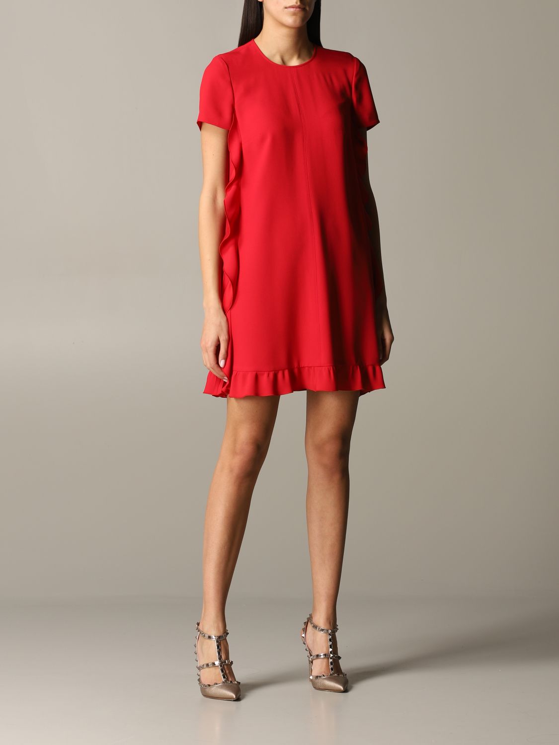 RED VALENTINO: silk dress with ruffles - Red | Valentino dress TR0VAQ65 0F1 online at GIGLIO.COM