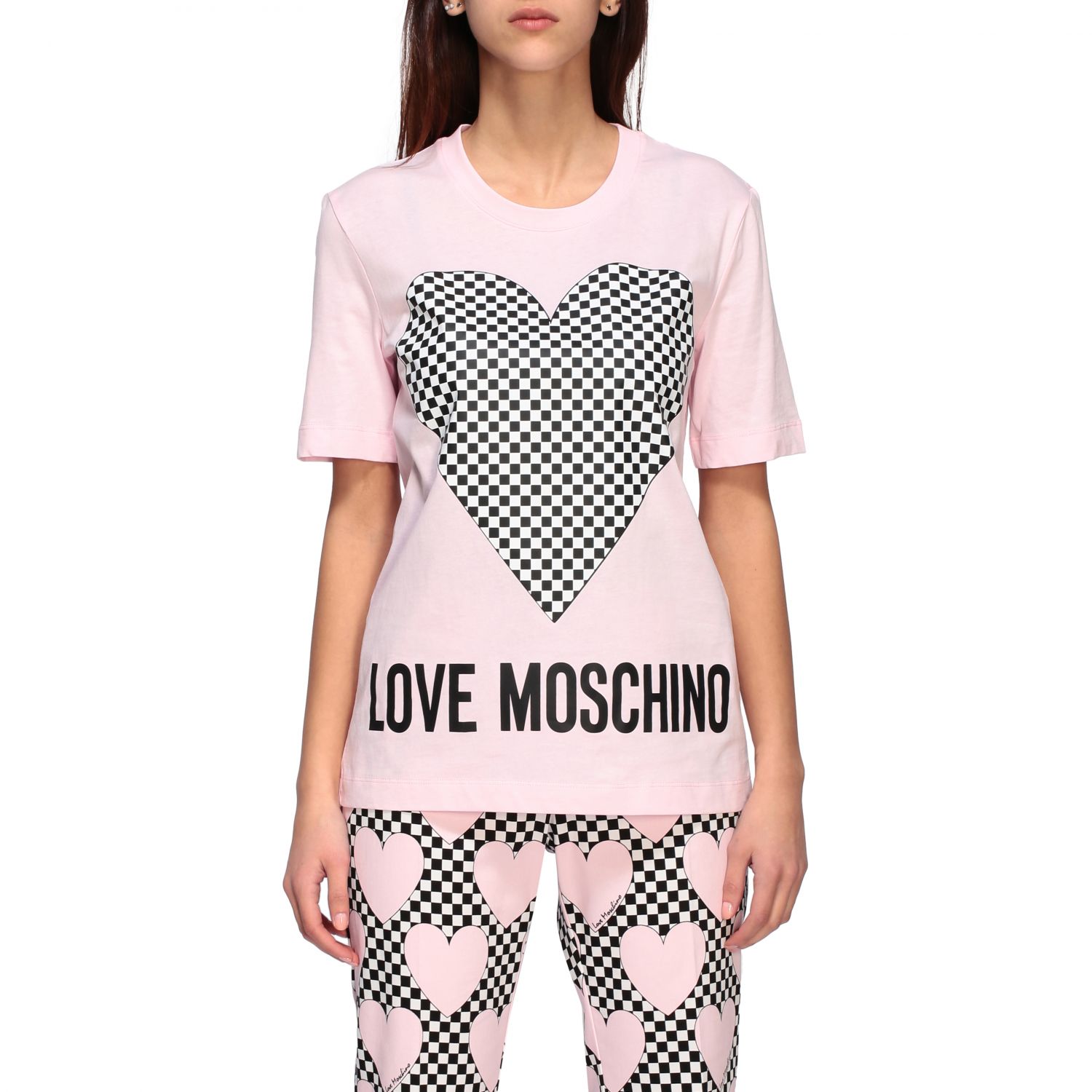 LOVE MOSCHINO: short-sleeved T-shirt with micro checkered heart - Pink ...