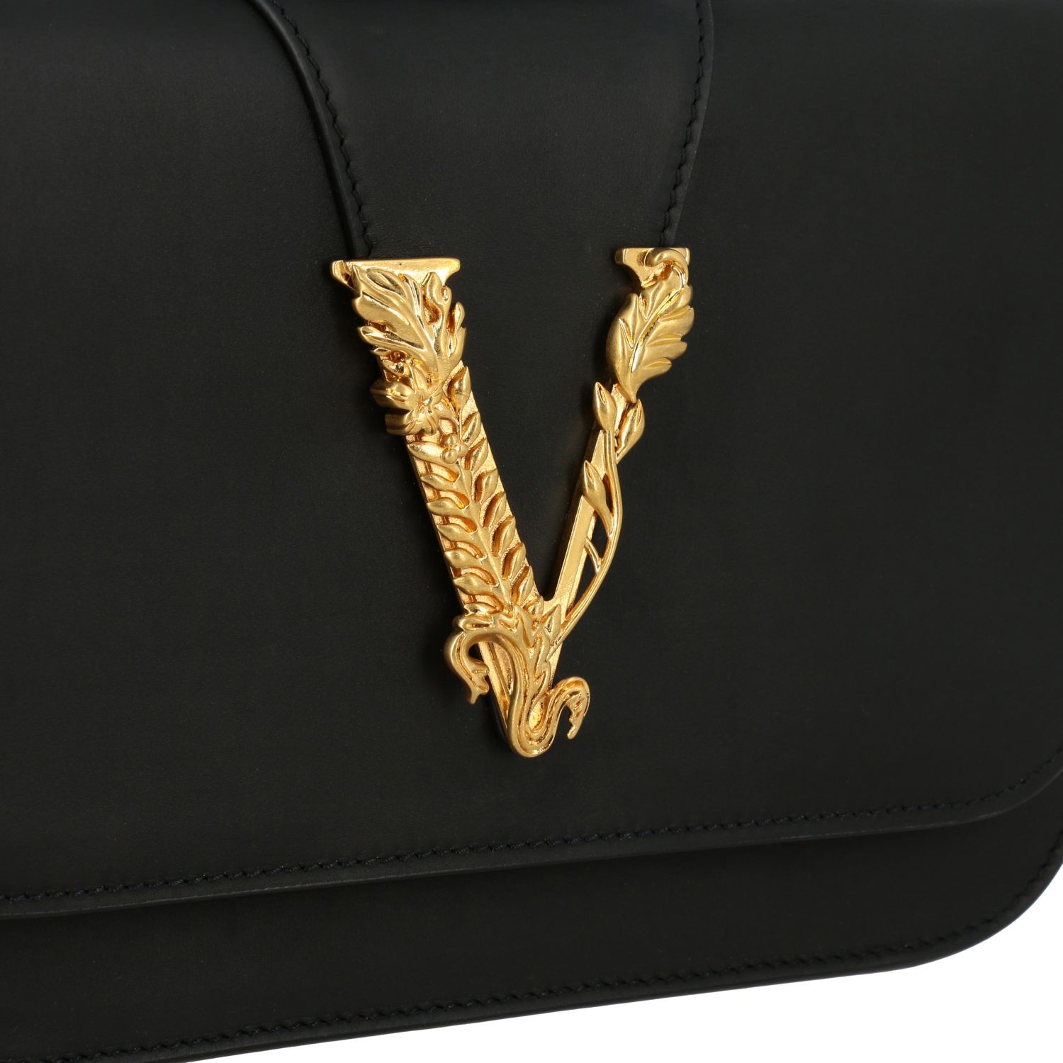 Versace Outlet Virtus leather bag with V monogram Black Handbag