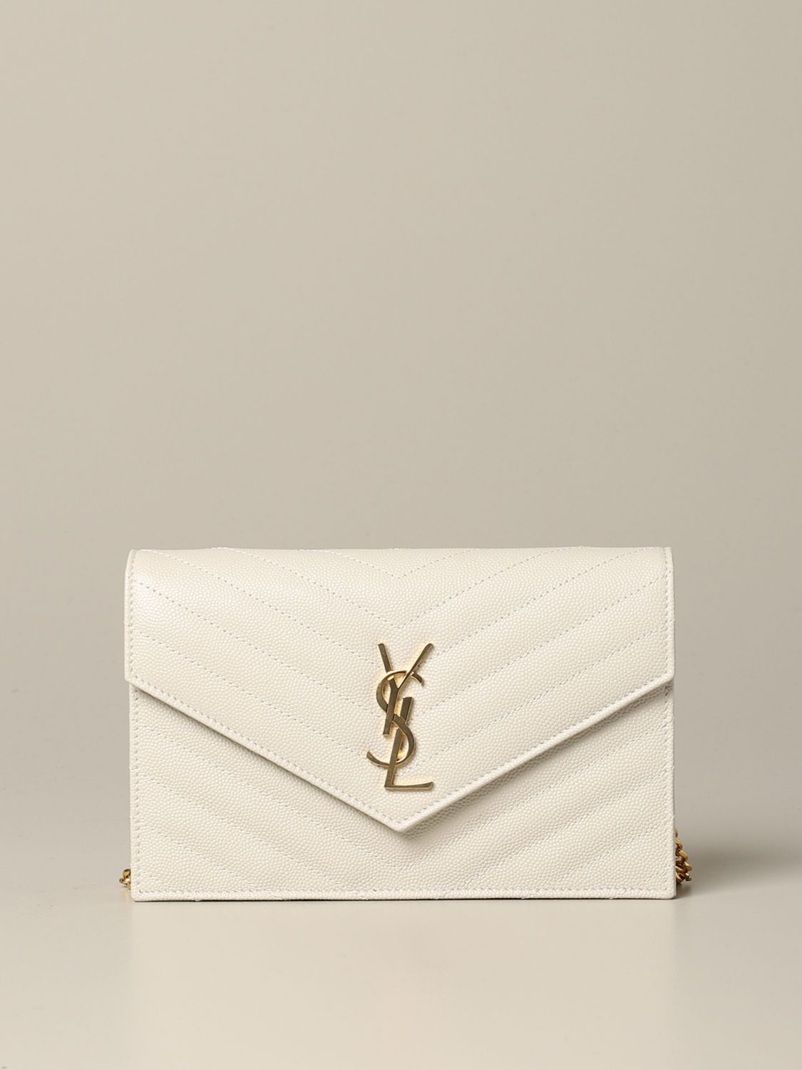 Mini sac à main Saint Laurent: Sac Monogram envelope chain wallet Saint Laurent en cuir grain de poudre jaune crème 1