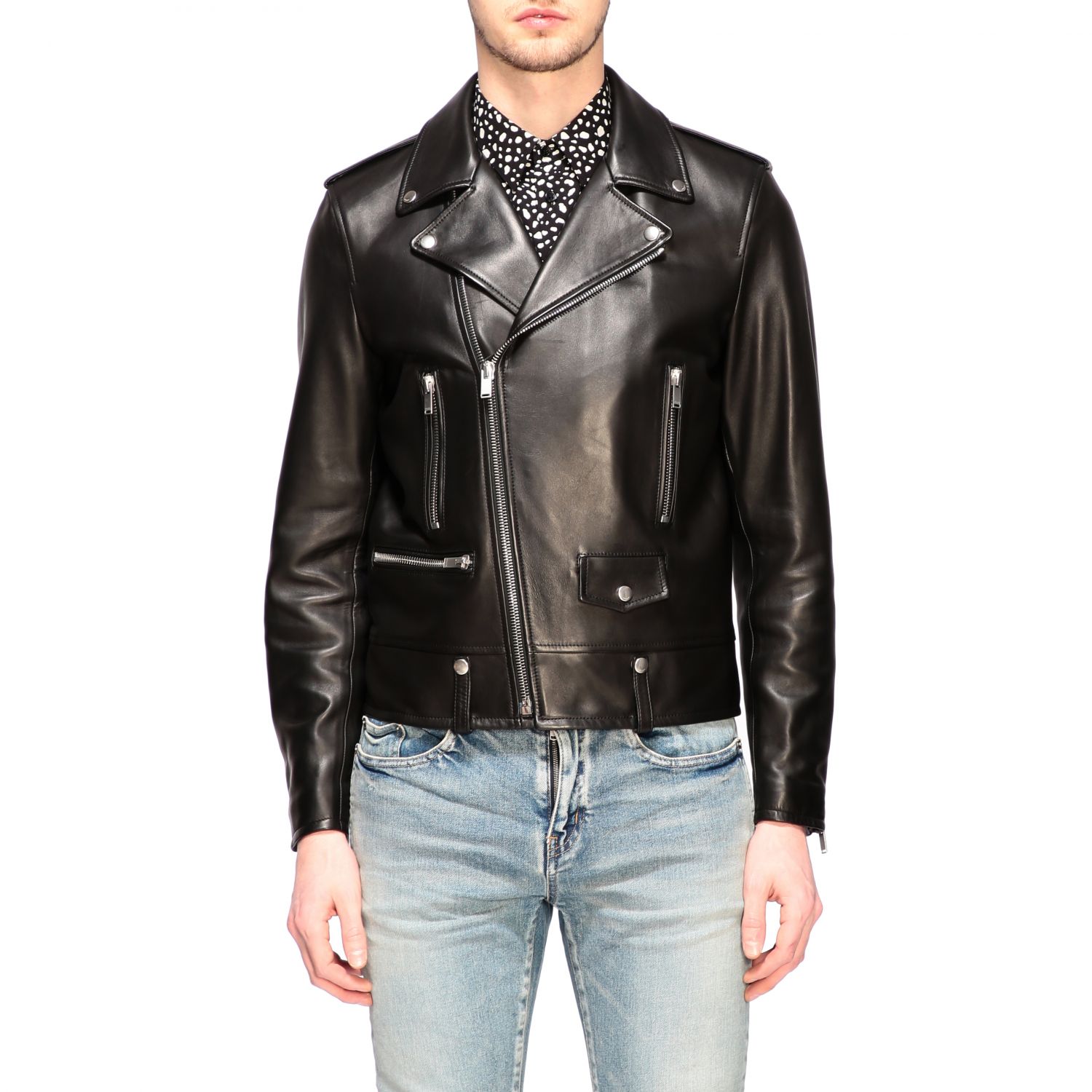 SAINT LAURENT: full zip studded leather jacket - Black | Saint Laurent ...