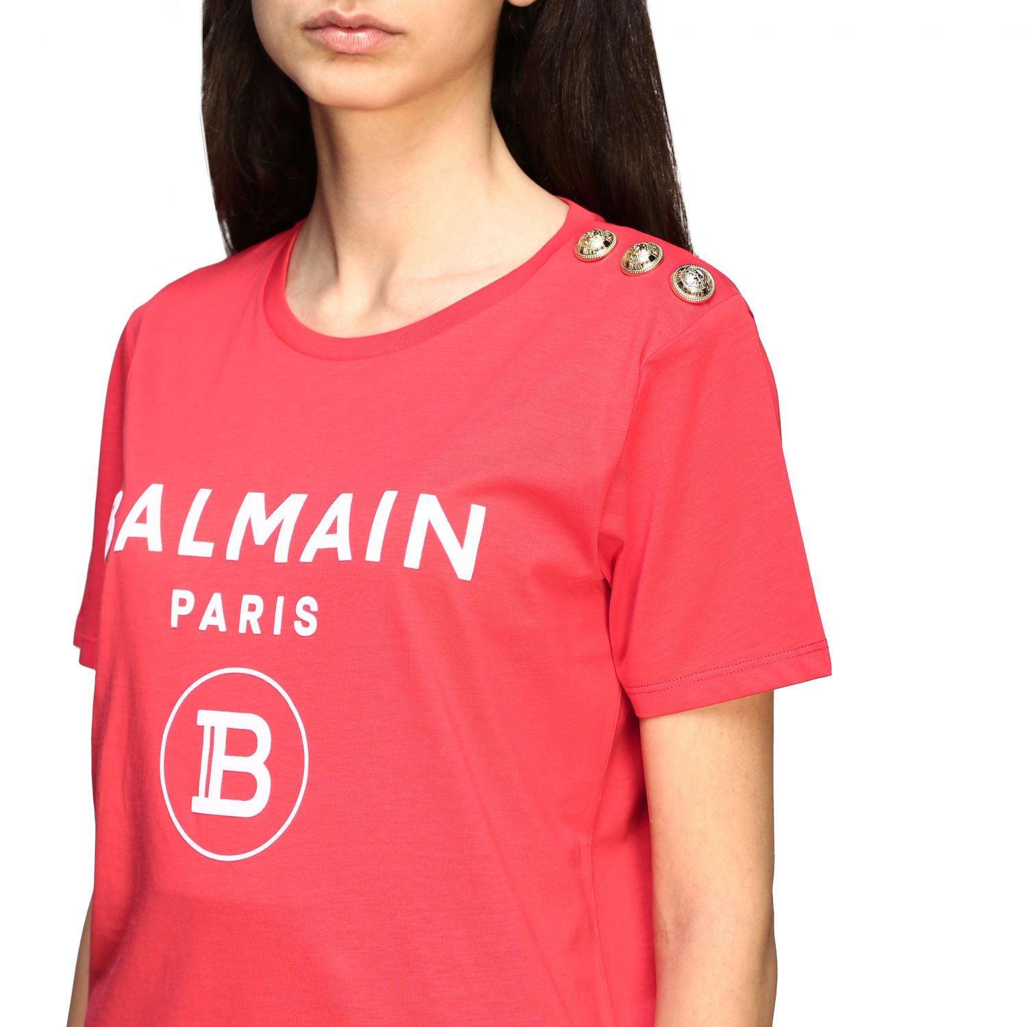 Balmain Outlet: T-shirt with jewel buttons on the shoulder | T-Shirt ...