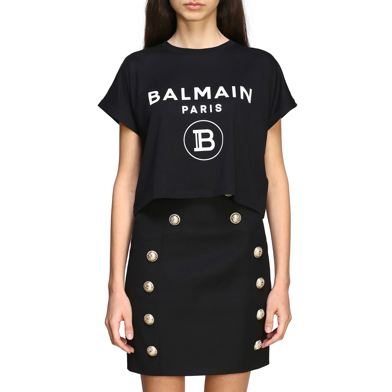 Balmain Outlet: cropped t-shirt with logo - Black | Balmain t-shirt TF11357I381 online on GIGLIO.COM
