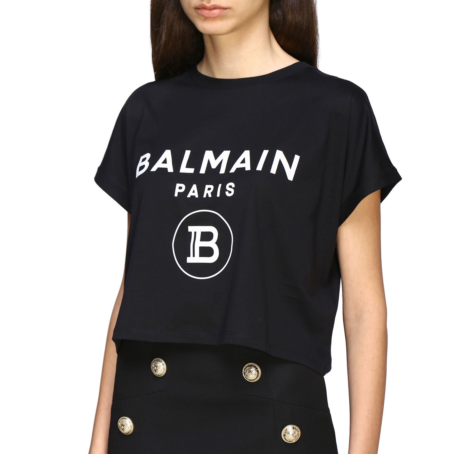 Balmain Outlet: cropped t-shirt with logo - Black | Balmain t-shirt ...