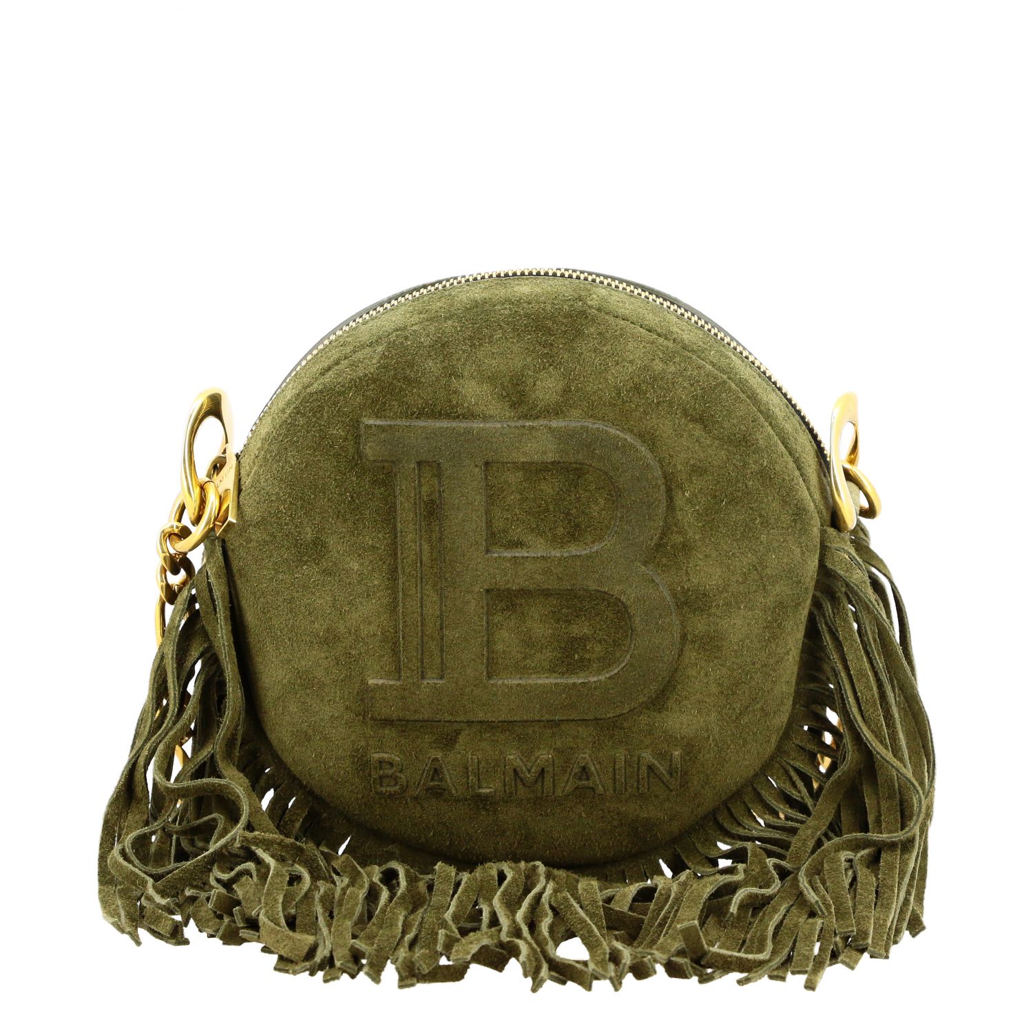Mini sac à main Balmain: Sac disco bag Balmain en daim avec franges et monogramme vert militaire 1