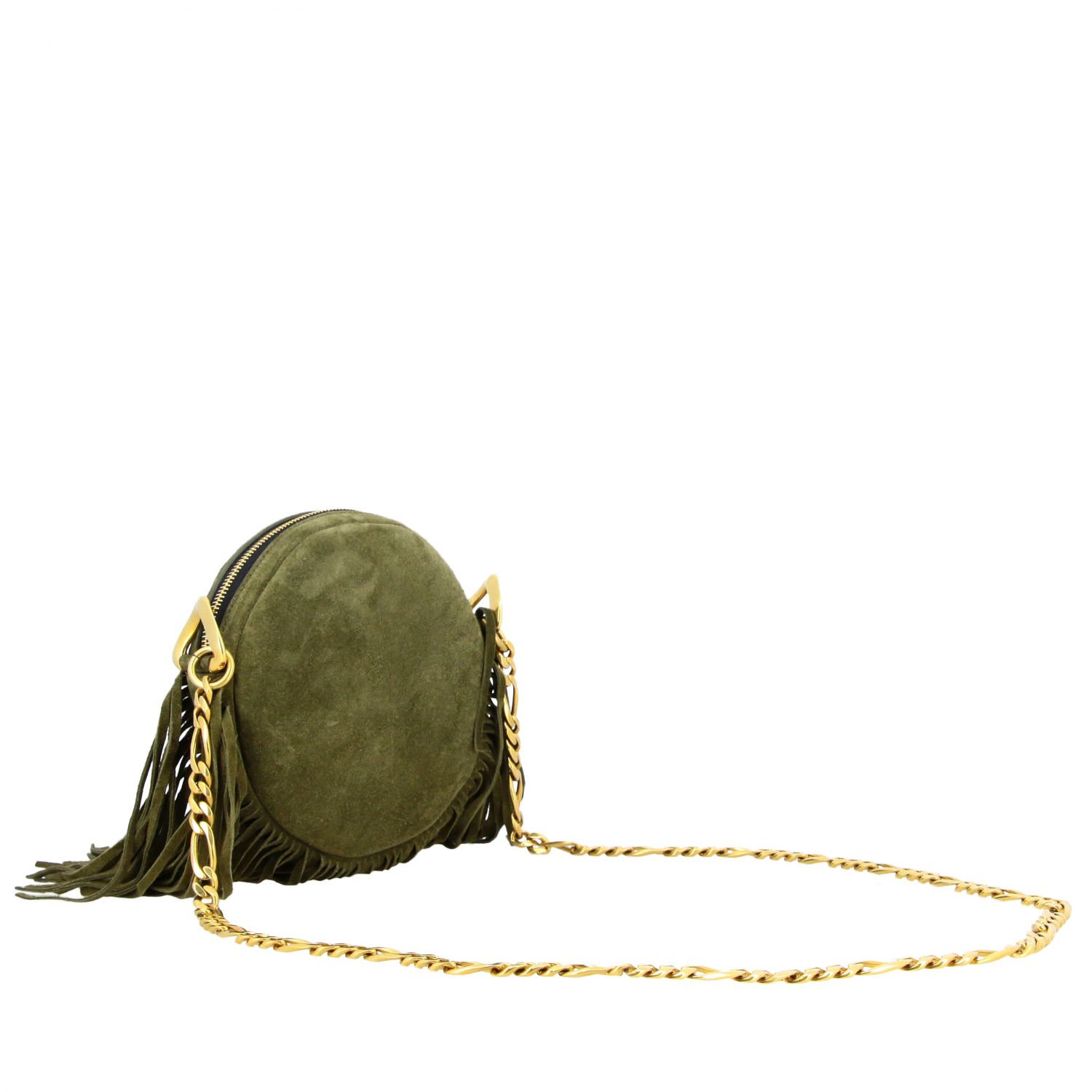 Mini sac à main Balmain: Sac disco bag Balmain en daim avec franges et monogramme vert militaire 3