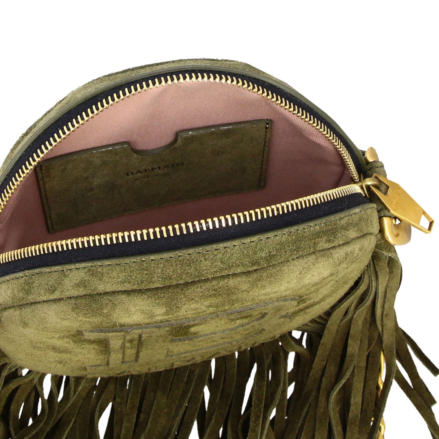 Mini sac à main Balmain: Sac disco bag Balmain en daim avec franges et monogramme vert militaire 5