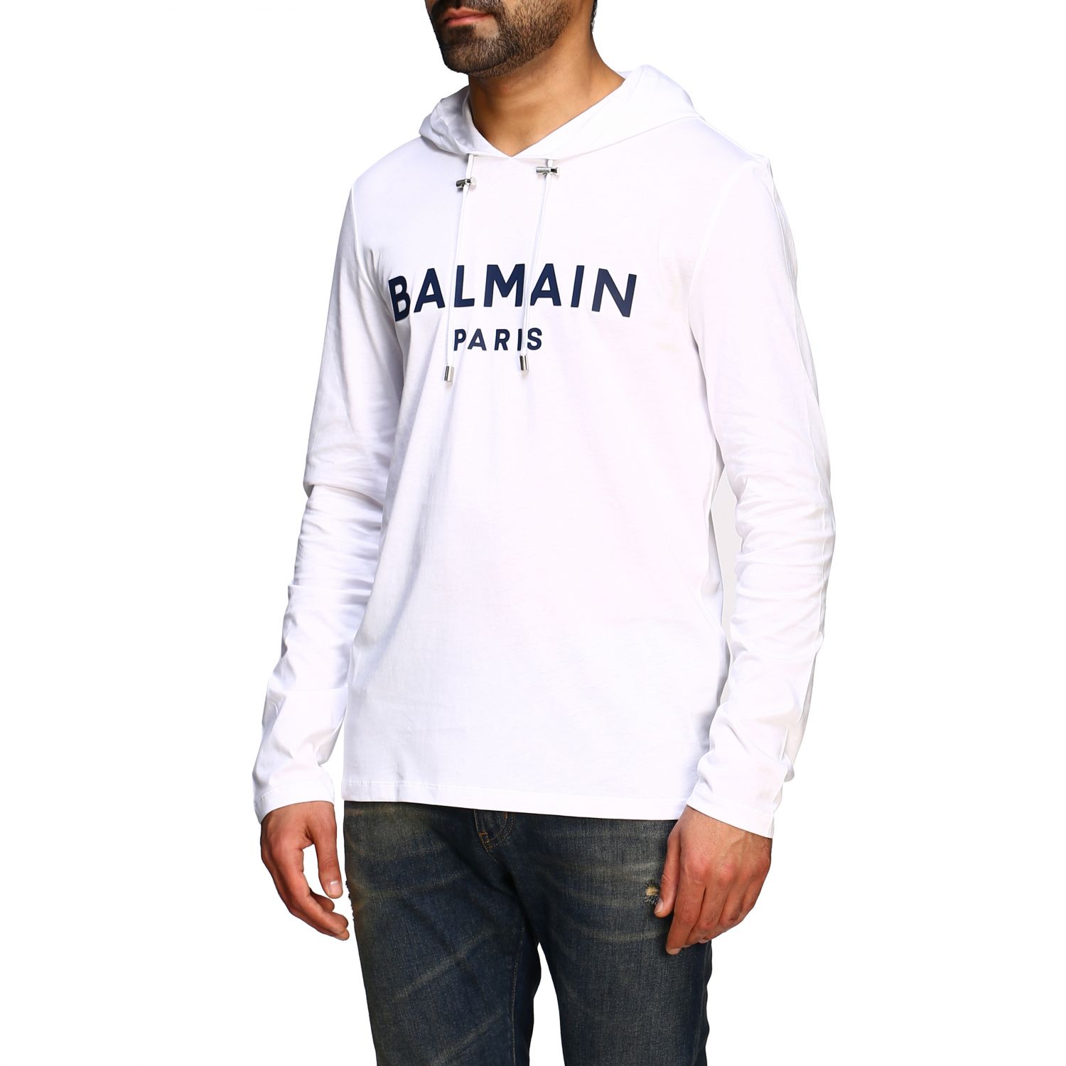 Balmain Outlet: sweatshirt with hood and logo - White Balmain sweatshirt online at