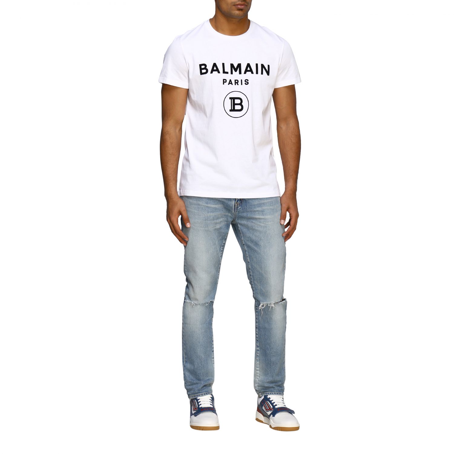 Balmain short-sleeved T-shirt with flocked logo | T-Shirt Balmain Men ...
