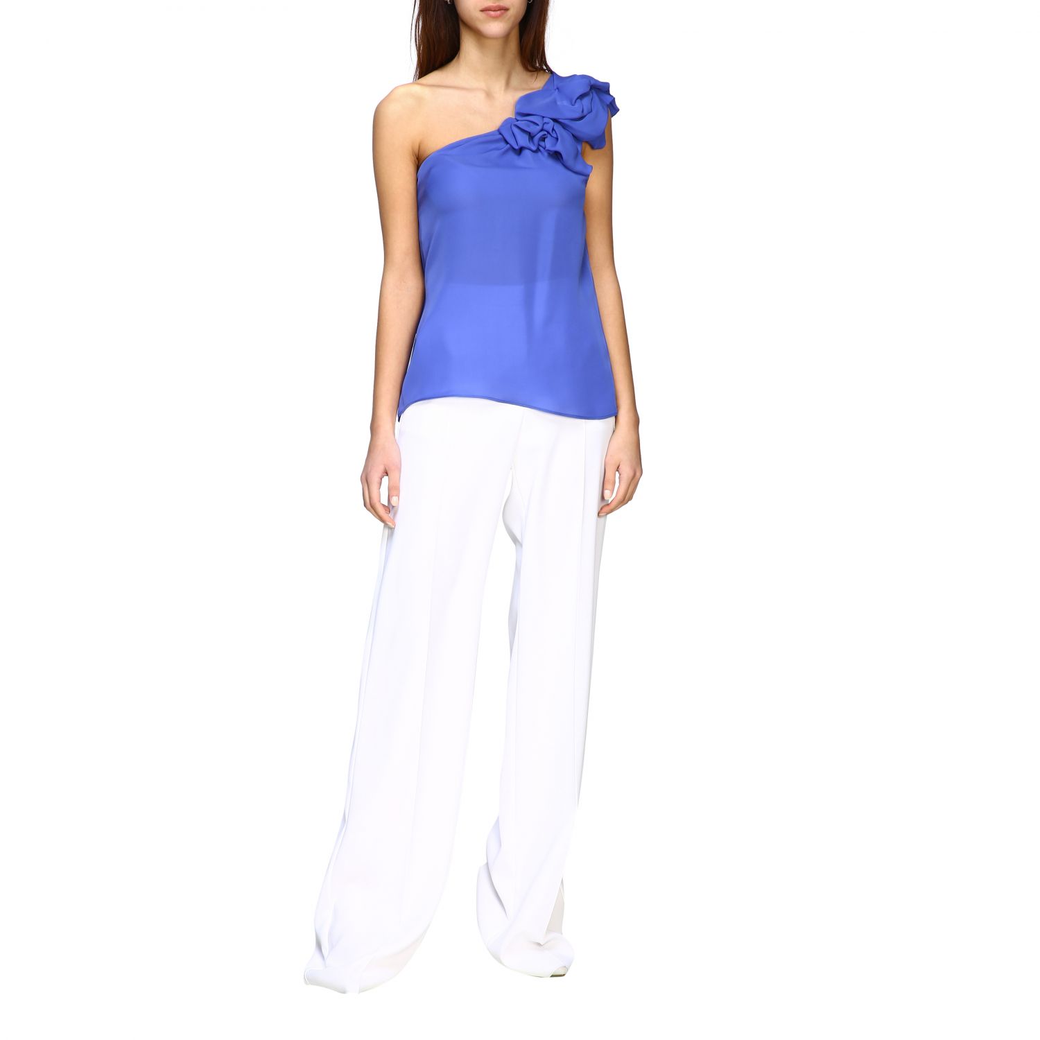 EMPORIO ARMANI: one-shoulder top in silk chiffon - Gnawed Blue | Top ...