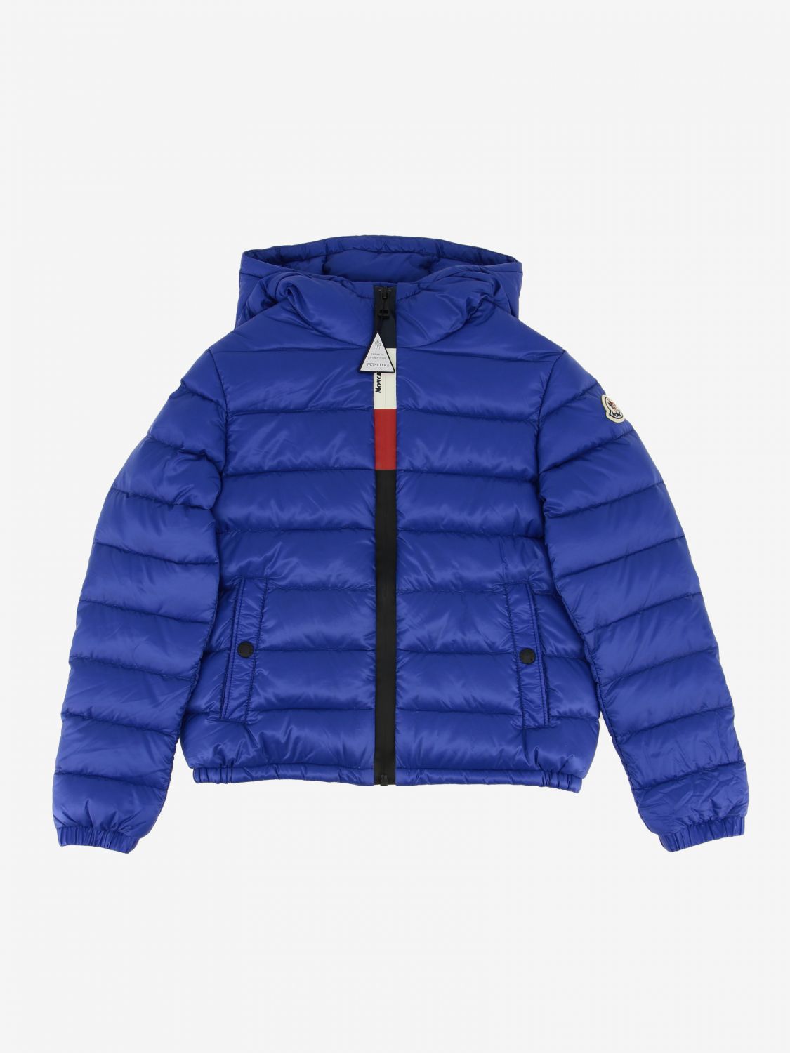 MONCLER: Rook duvet with hood and logo - Blue | Moncler jacket ...