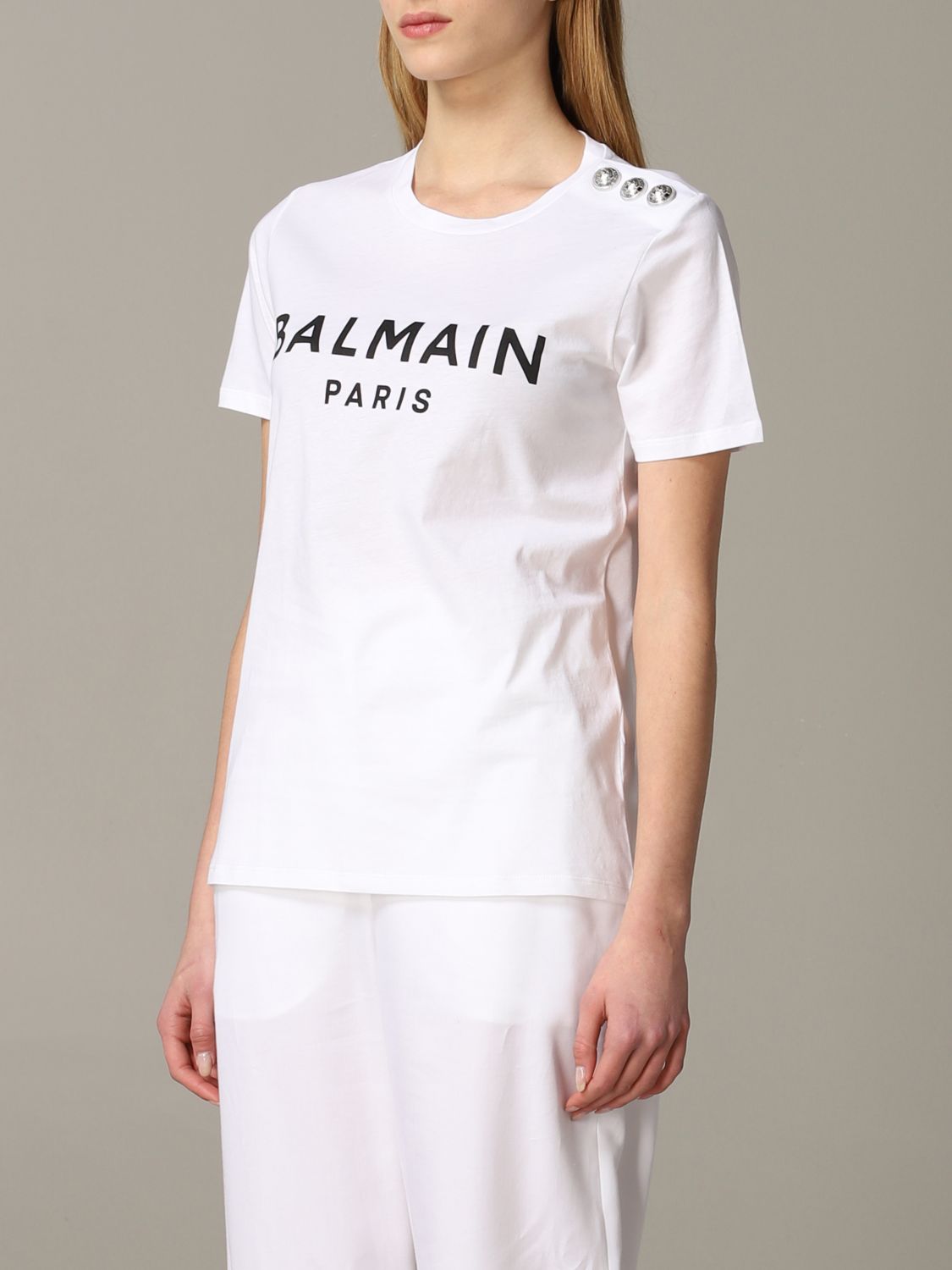 Balmain Outlet: short-sleeved T-shirt with logo and buttons - White | T ...