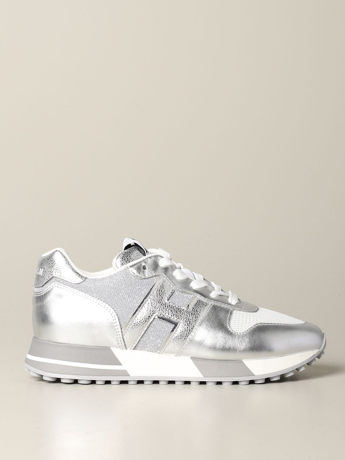 Hogan running sneakers in laminated leather and mesh | Sneakers Hogan Women  Silver | Sneakers Hogan HXW3830CR00 NCH Giglio EN