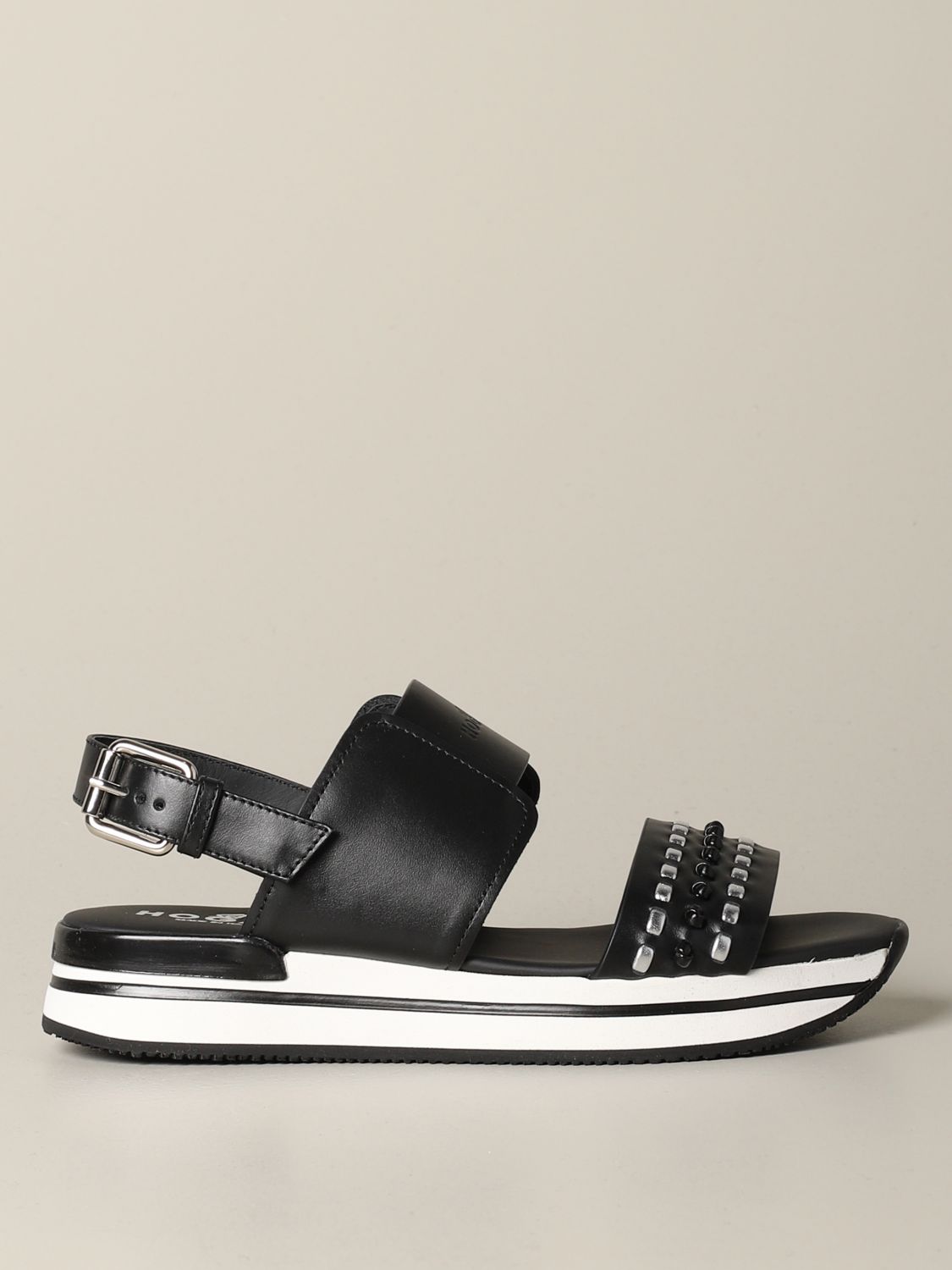 Outlet: sandal in laminated leather with 222 sole | Flat Sandals Hogan Women Black | Flat Sandals Hogan HXW2570CQ70 KLA GIGLIO.COM