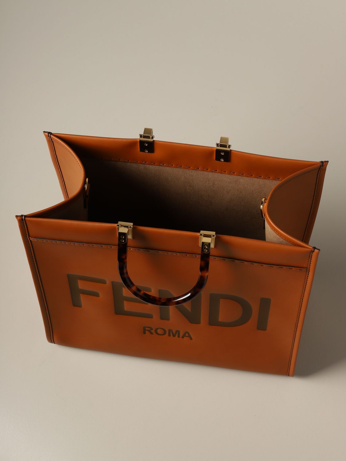 FENDI: Sunshine shopping bag in leather with logo | Tote Bags Fendi