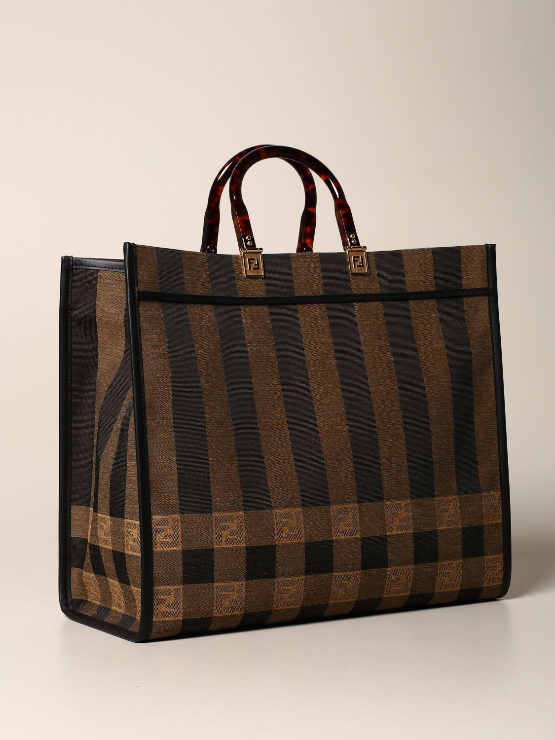FENDI: Striped Sunshine shopping bag with FF logo | Tote Bags Fendi