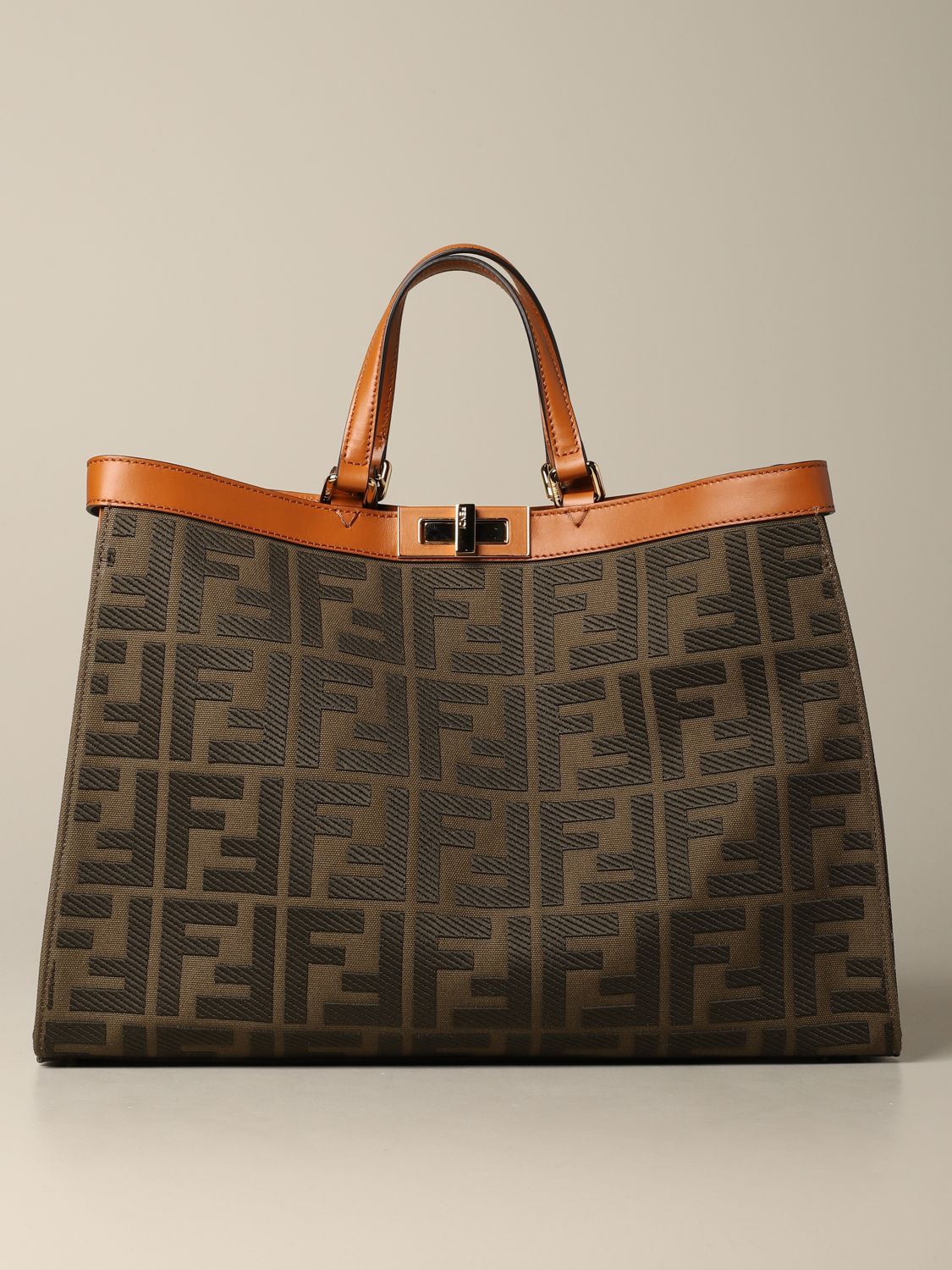 FENDI: Peekaboo xlite shopping bag in canvas - Military | Fendi tote ...