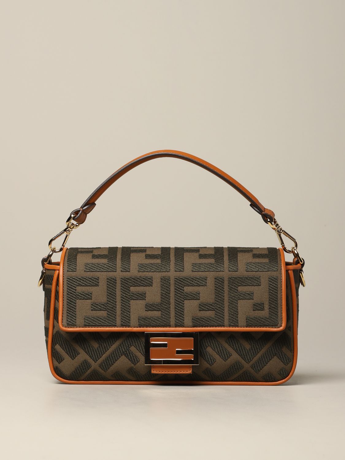 FENDI: Baguette bag in canvas with FF monogram - Military | Fendi