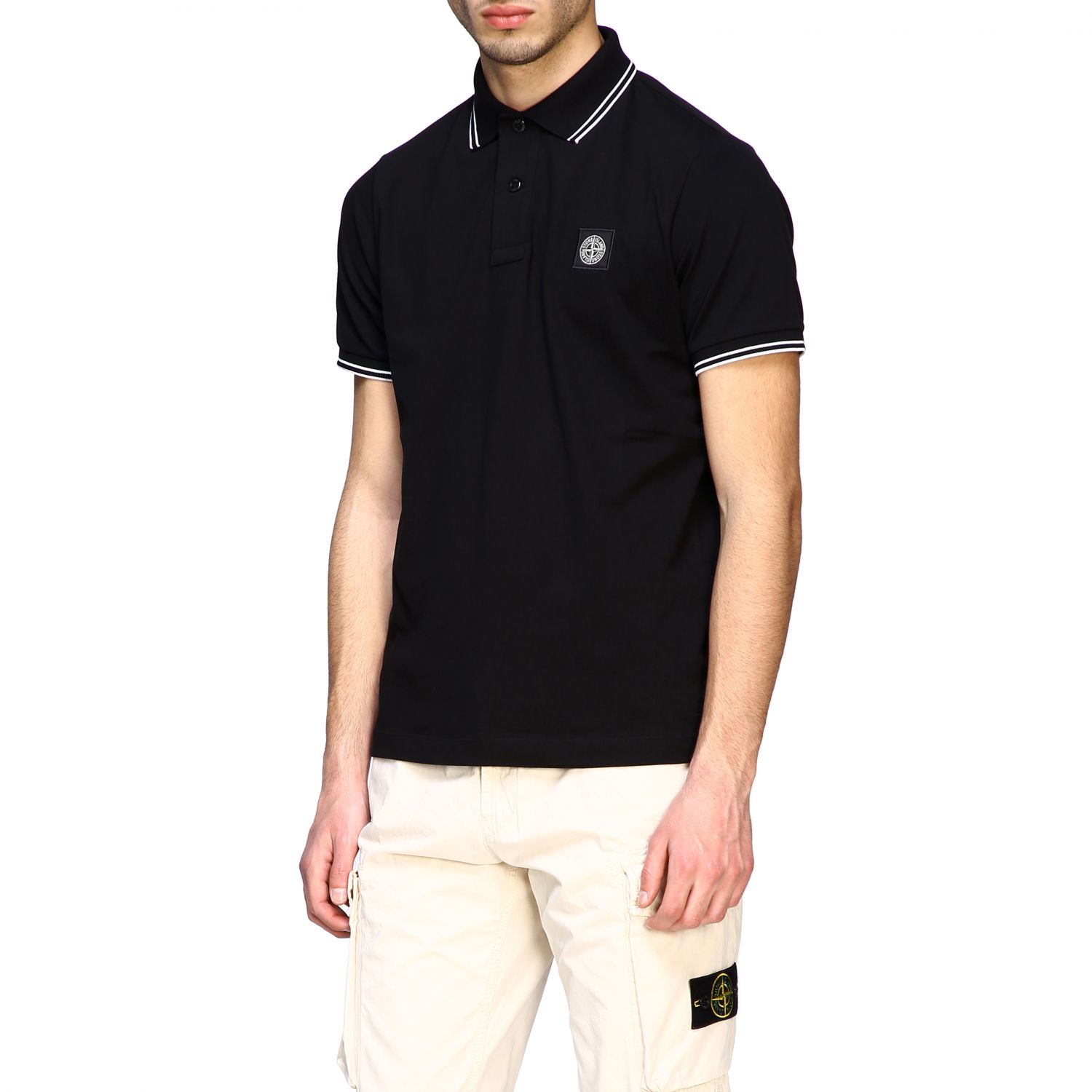 STONE ISLAND: short-sleeved polo shirt with logo - Black | Polo Shirt ...