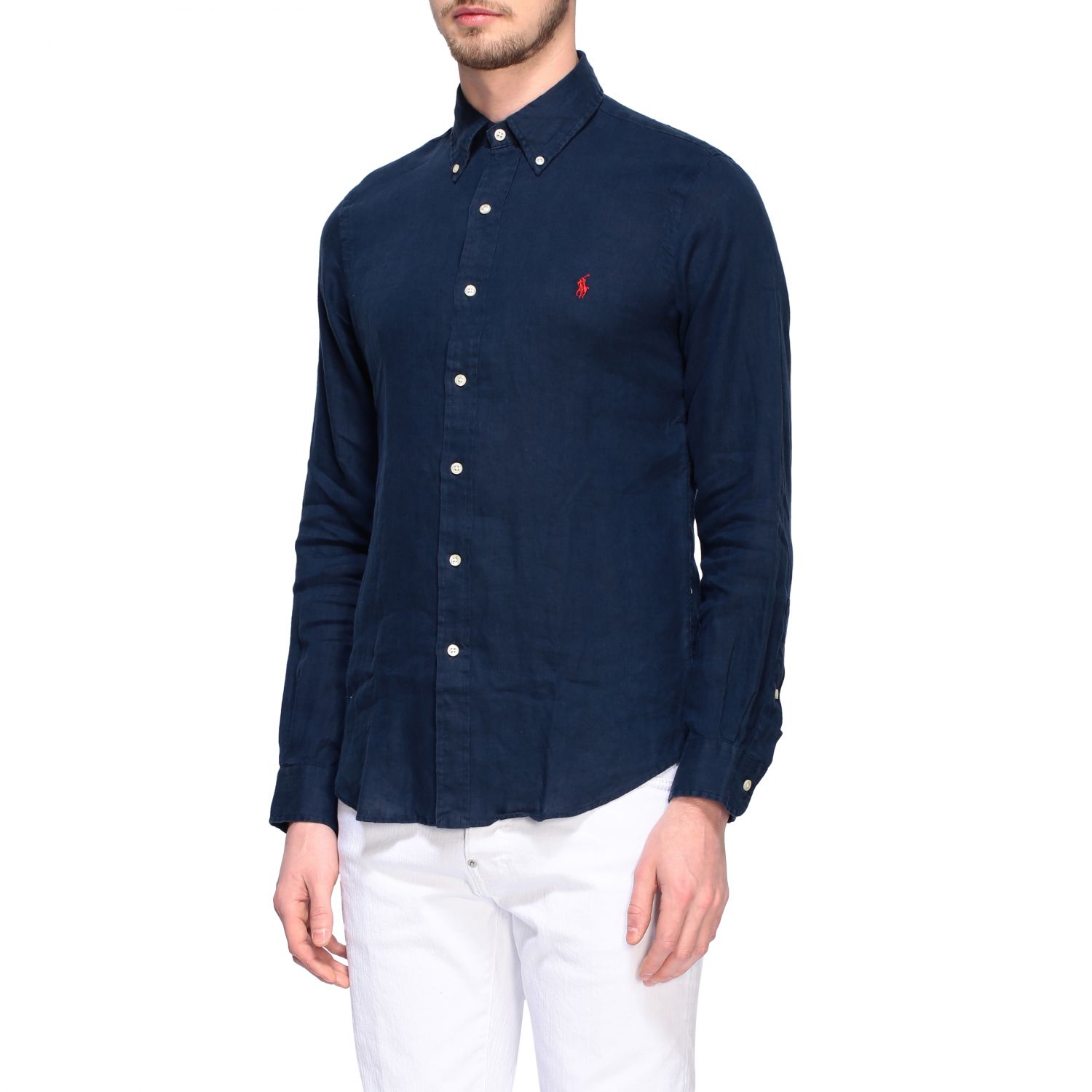POLO RALPH LAUREN: linen shirt with button-down collar - Navy | Polo ...