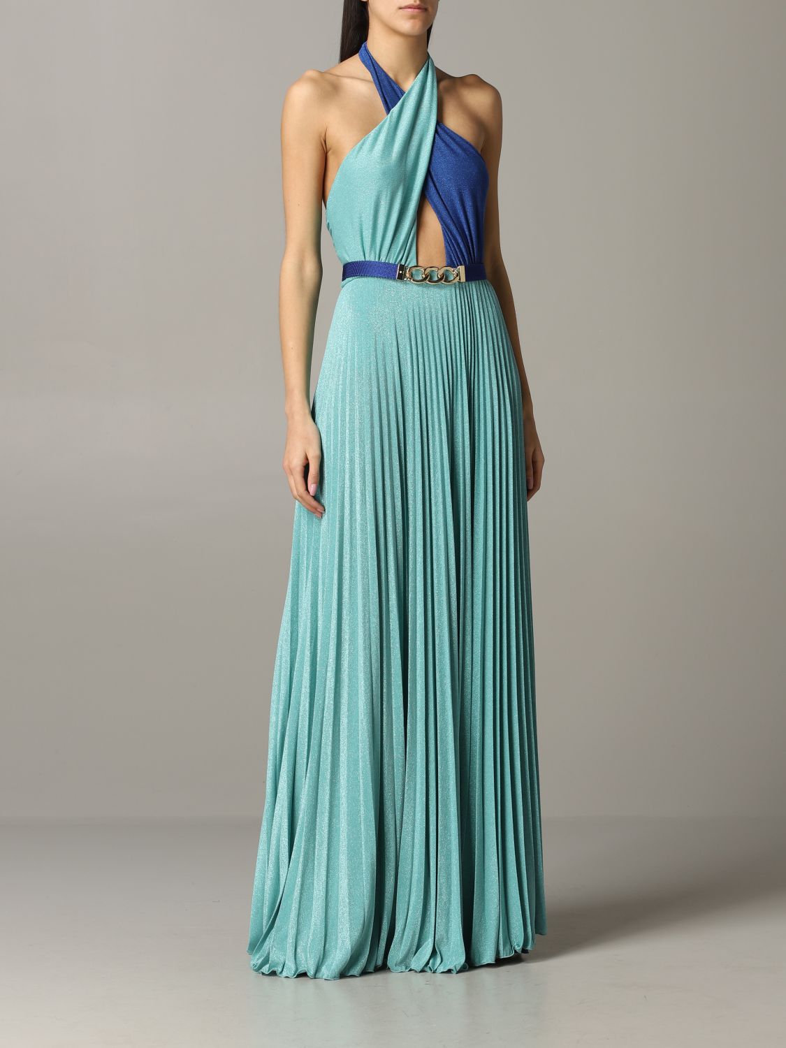 ELISABETTA FRANCHI: long dress in lurex fabric with belt - Gnawed Blue ...