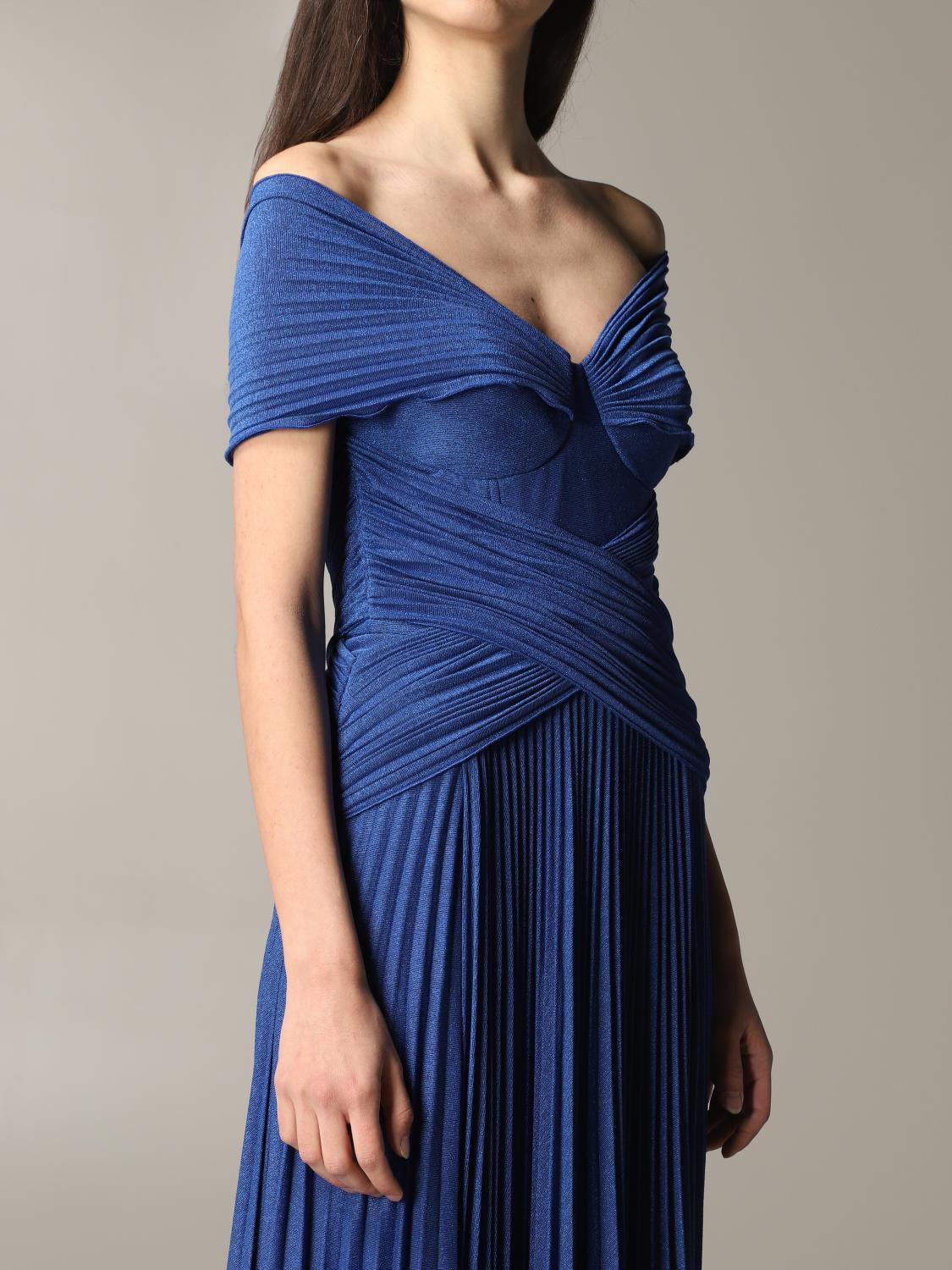 Elisabetta Franchi Outlet: Abito lungo in tessuto lurex con drappeggi -  Blue | Abito Elisabetta Franchi AB171 01E2 GIGLIO.COM