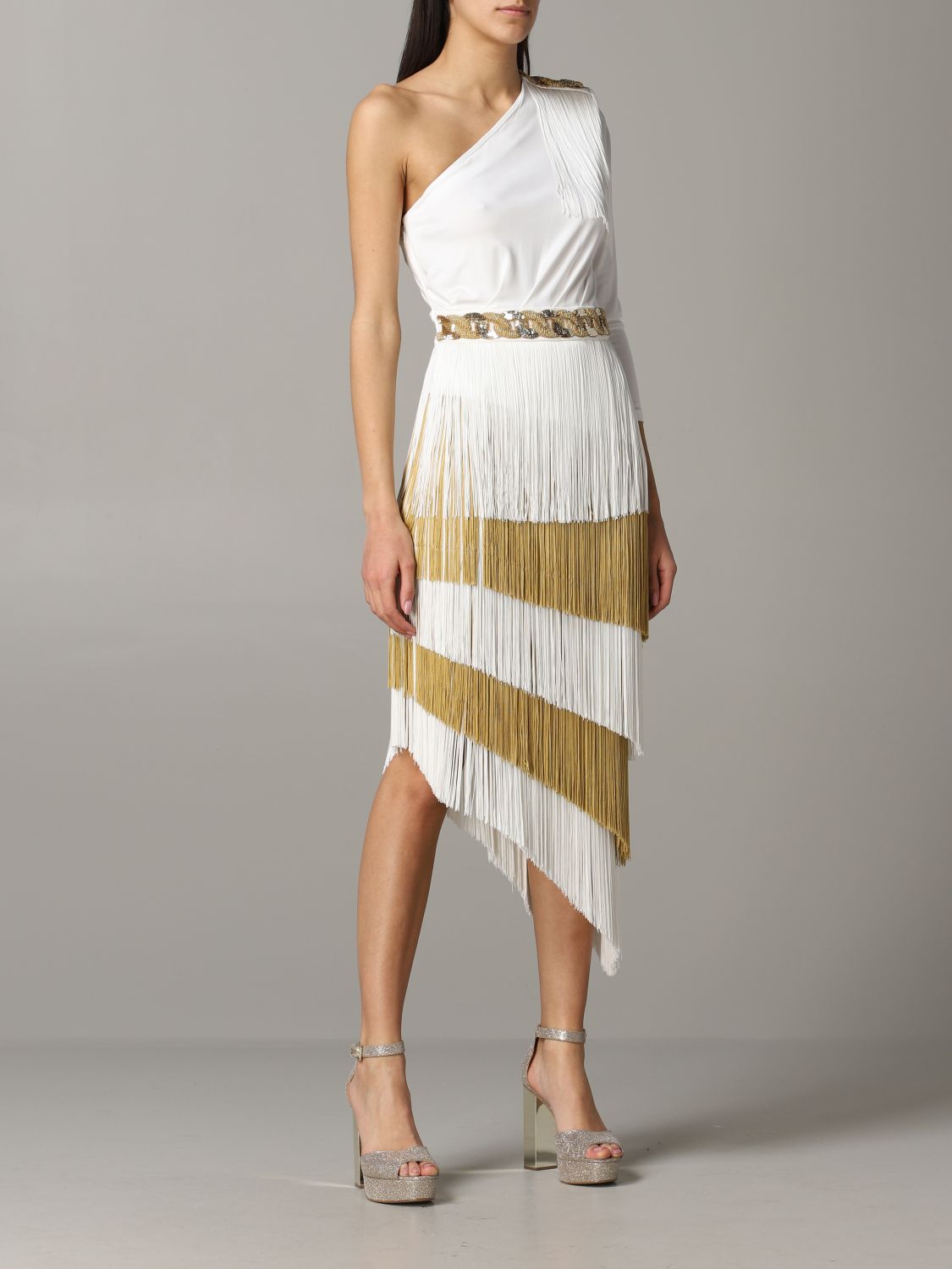 Elisabetta Franchi Outlet: one-shoulder dress with fringes | Dress