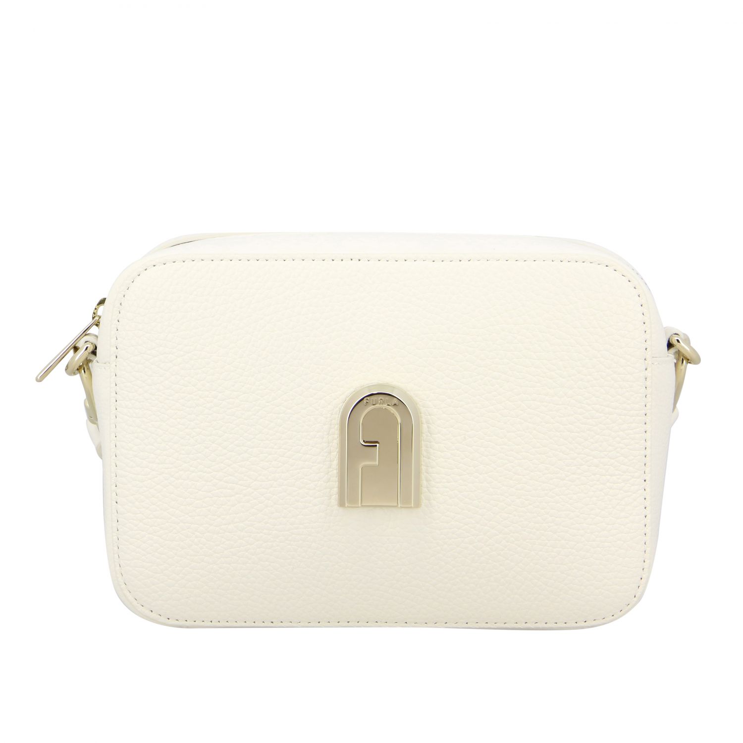 FURLA: sleek mini camera case in textured leather - White | Furla mini ...