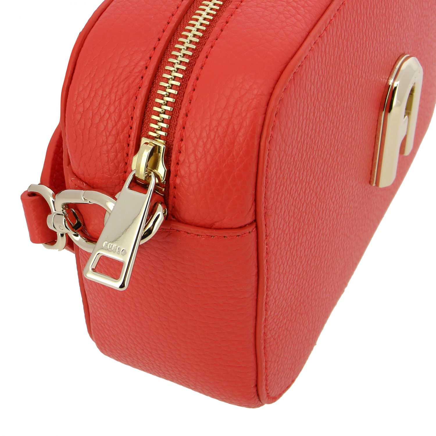 FURLA: sleek mini camera case in textured leather - Red | Furla mini ...