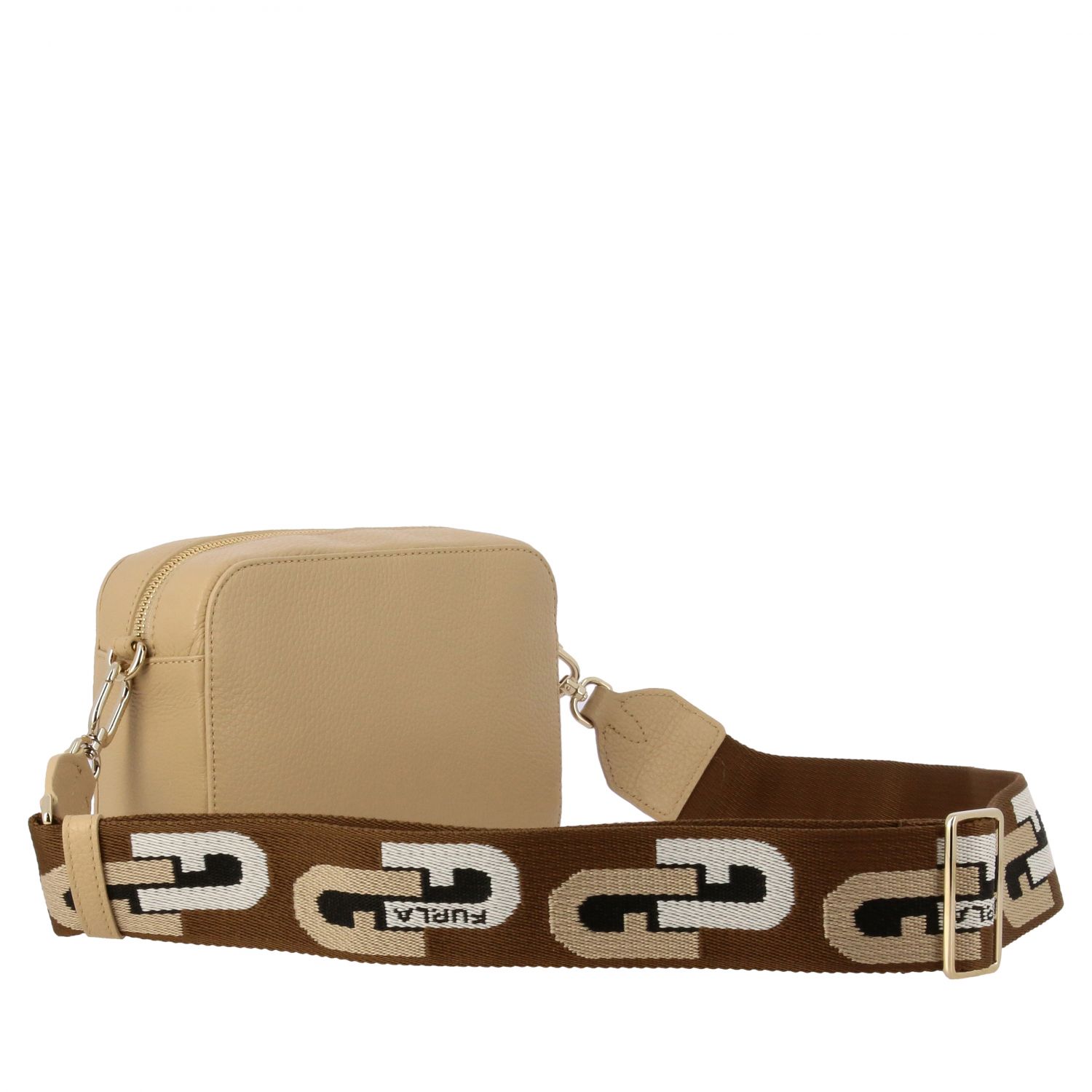 FURLA: sleek mini camera case in textured leather - Sand | Mini Bag ...
